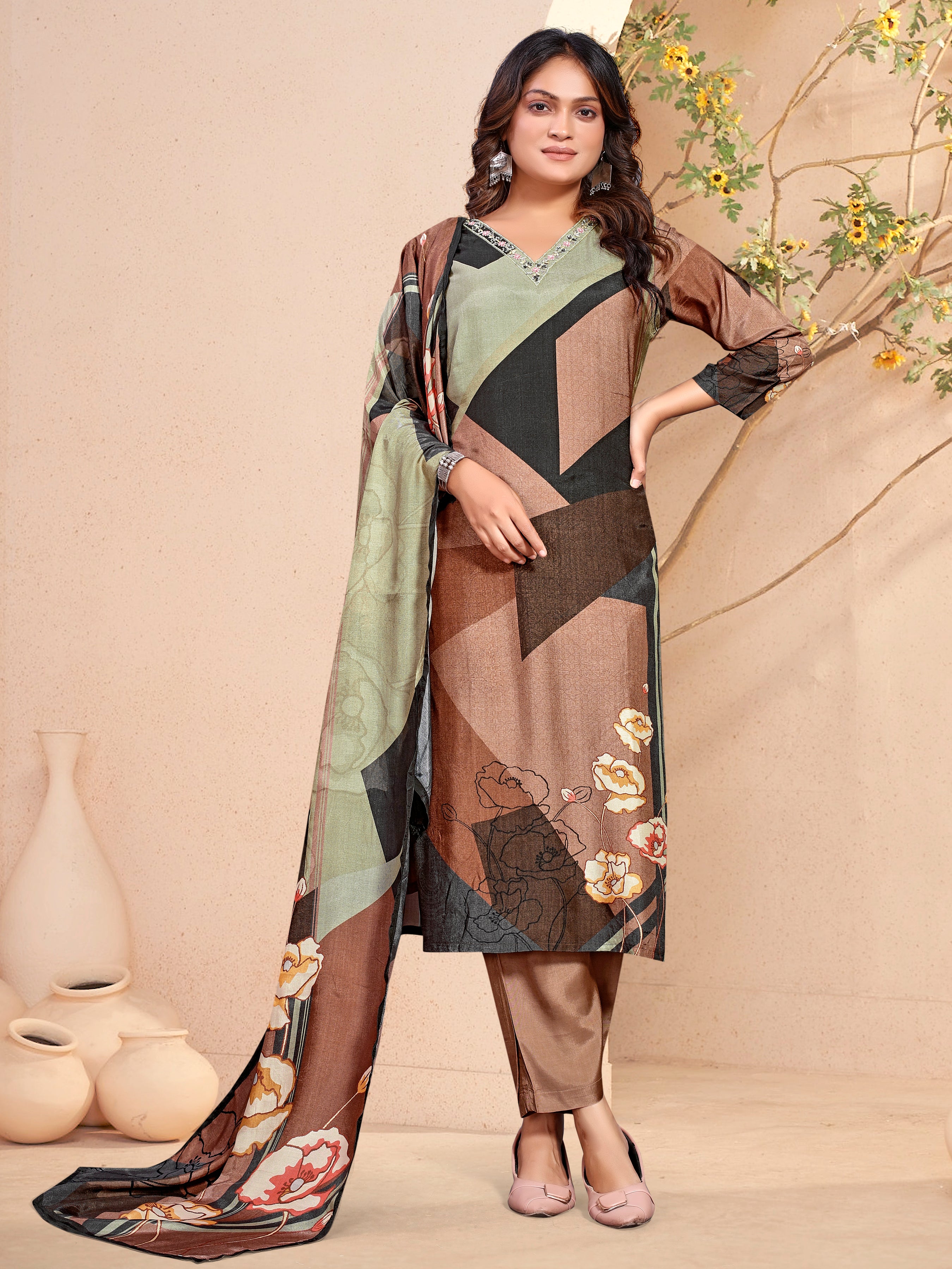 Rust Pure Masleen Three Pcs Suit With Masleen Dupatta