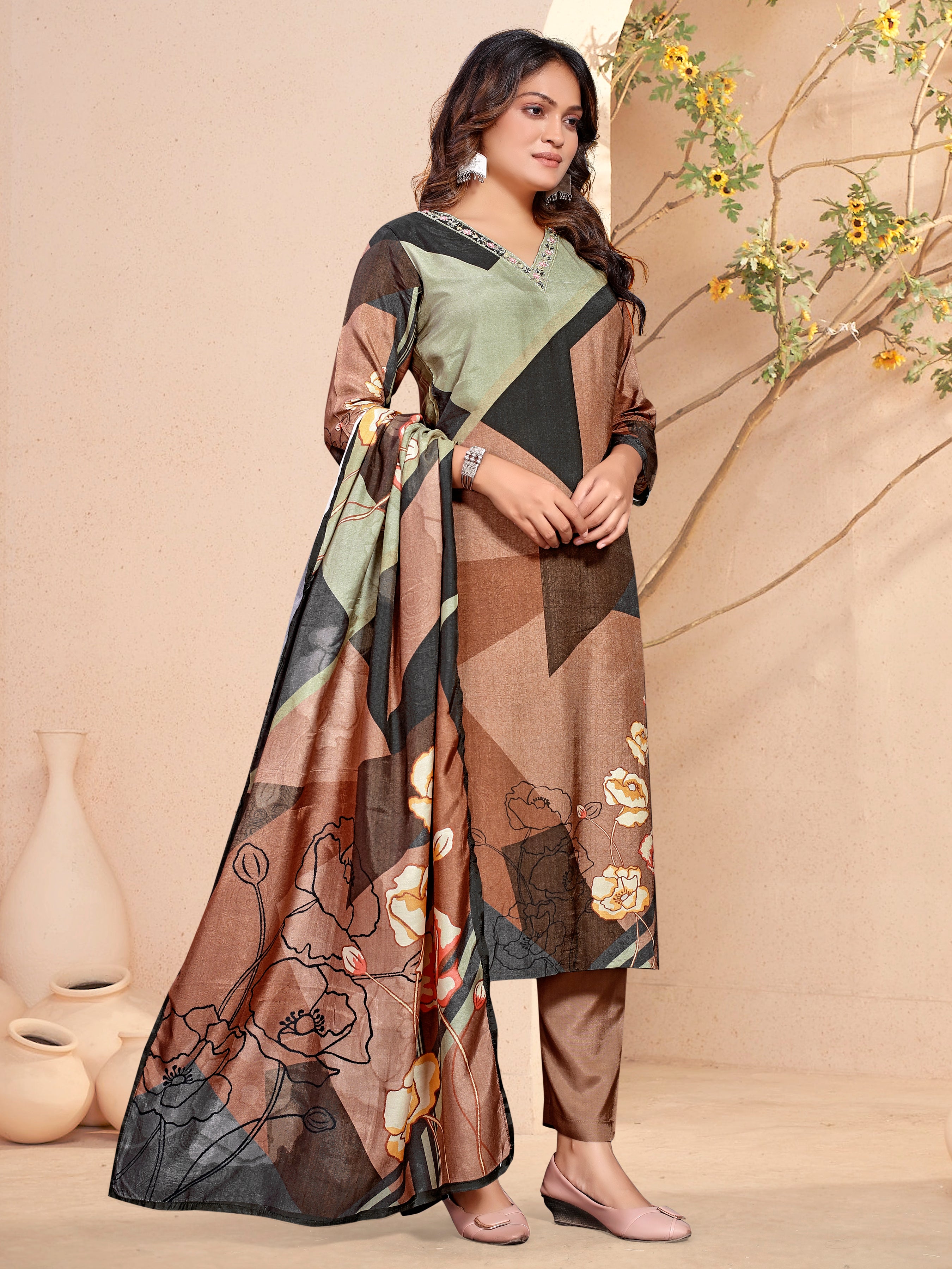 Rust Pure Masleen Three Pcs Suit With Masleen Dupatta