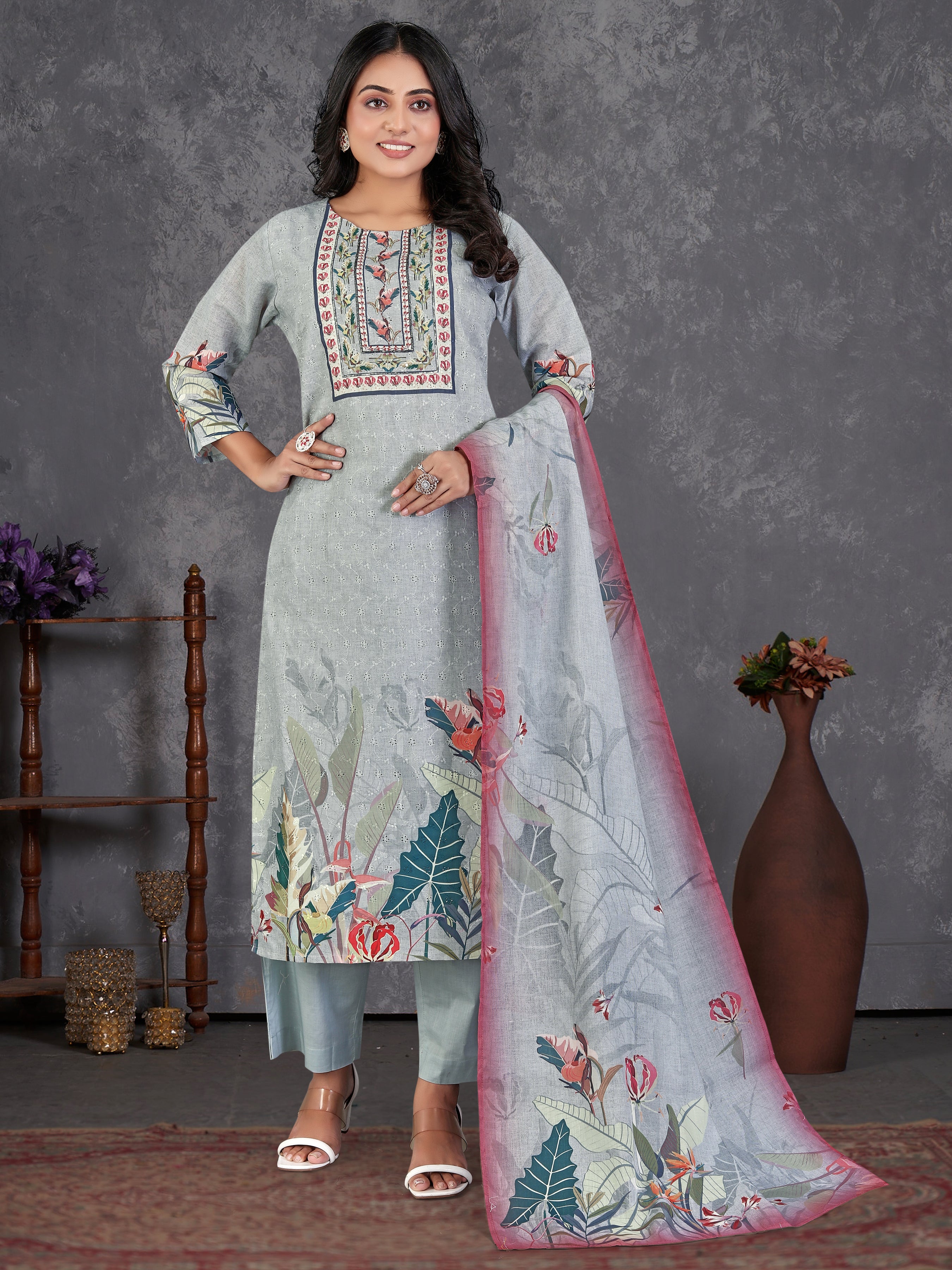 Blue Cotton Siphli3 Pcs Suit