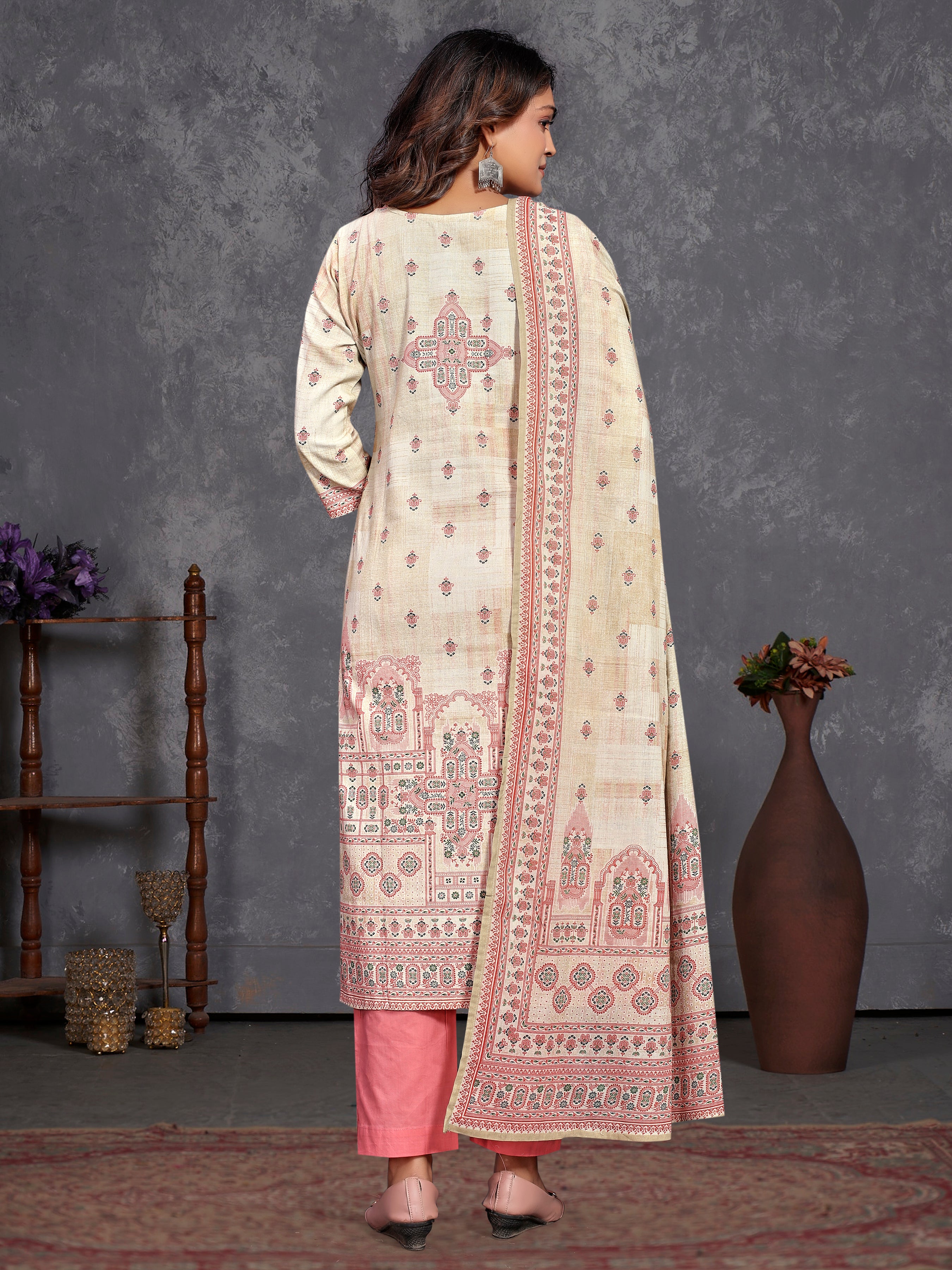 Cream Pure Cotton Flex Three Pcs Suit With Pure Mal Dupatta