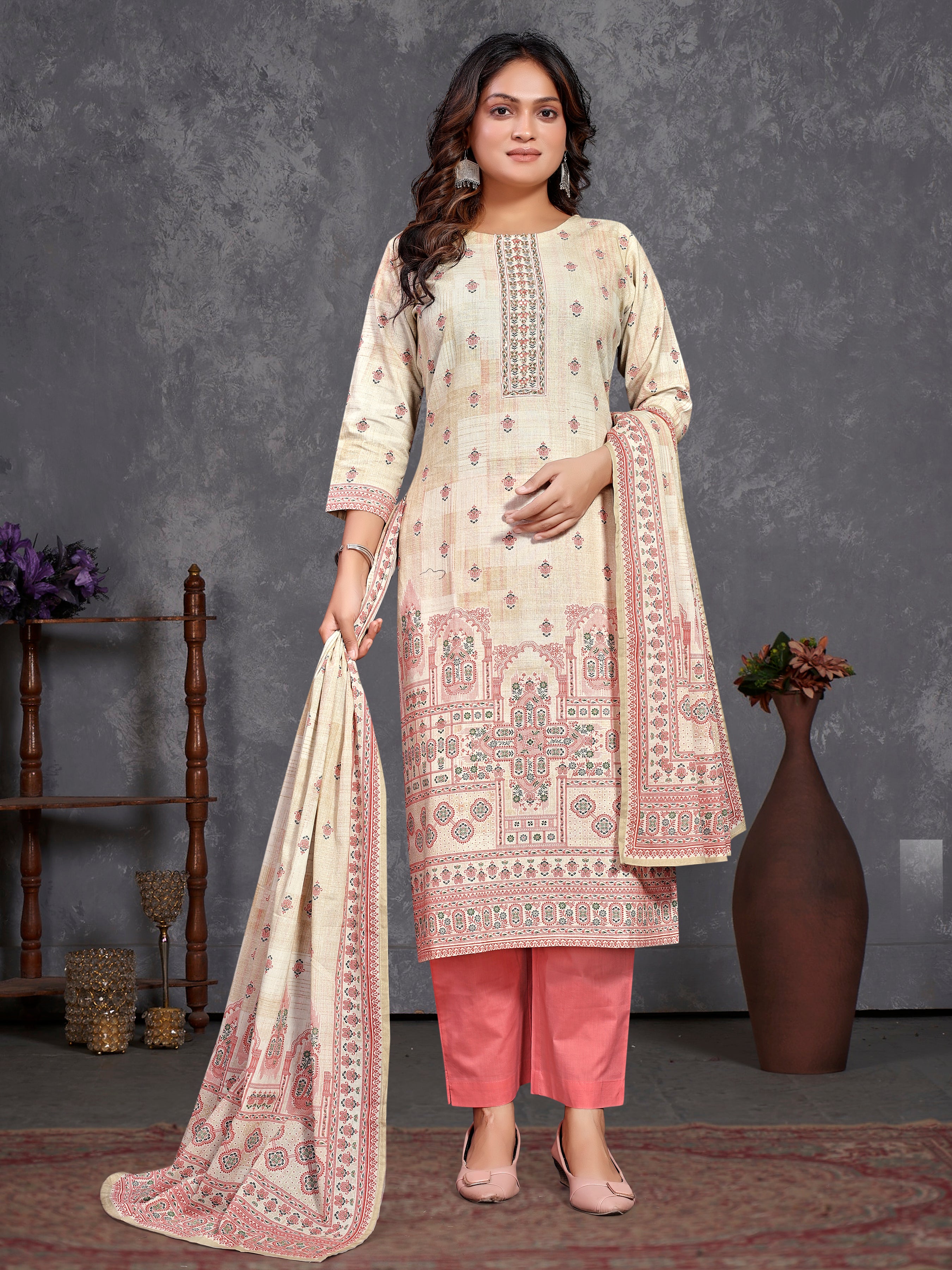 Cream Pure Cotton Flex Three Pcs Suit With Pure Mal Dupatta