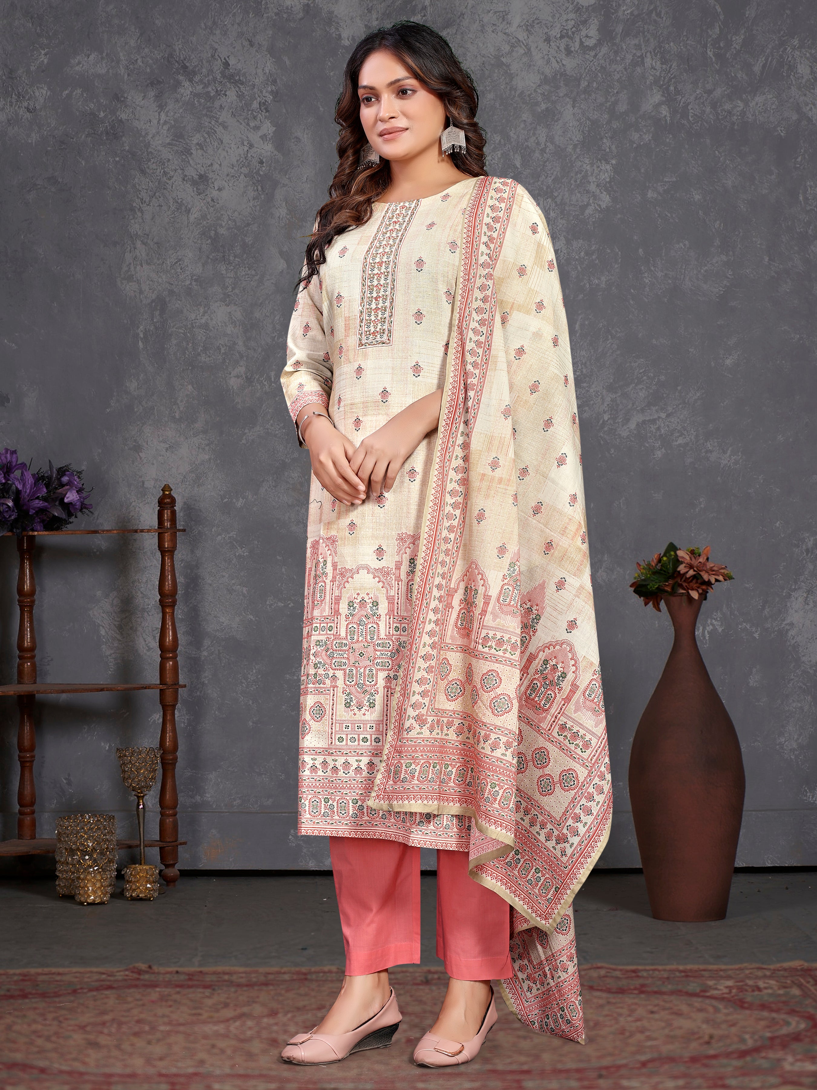 Cream Pure Cotton Flex Three Pcs Suit With Pure Mal Dupatta