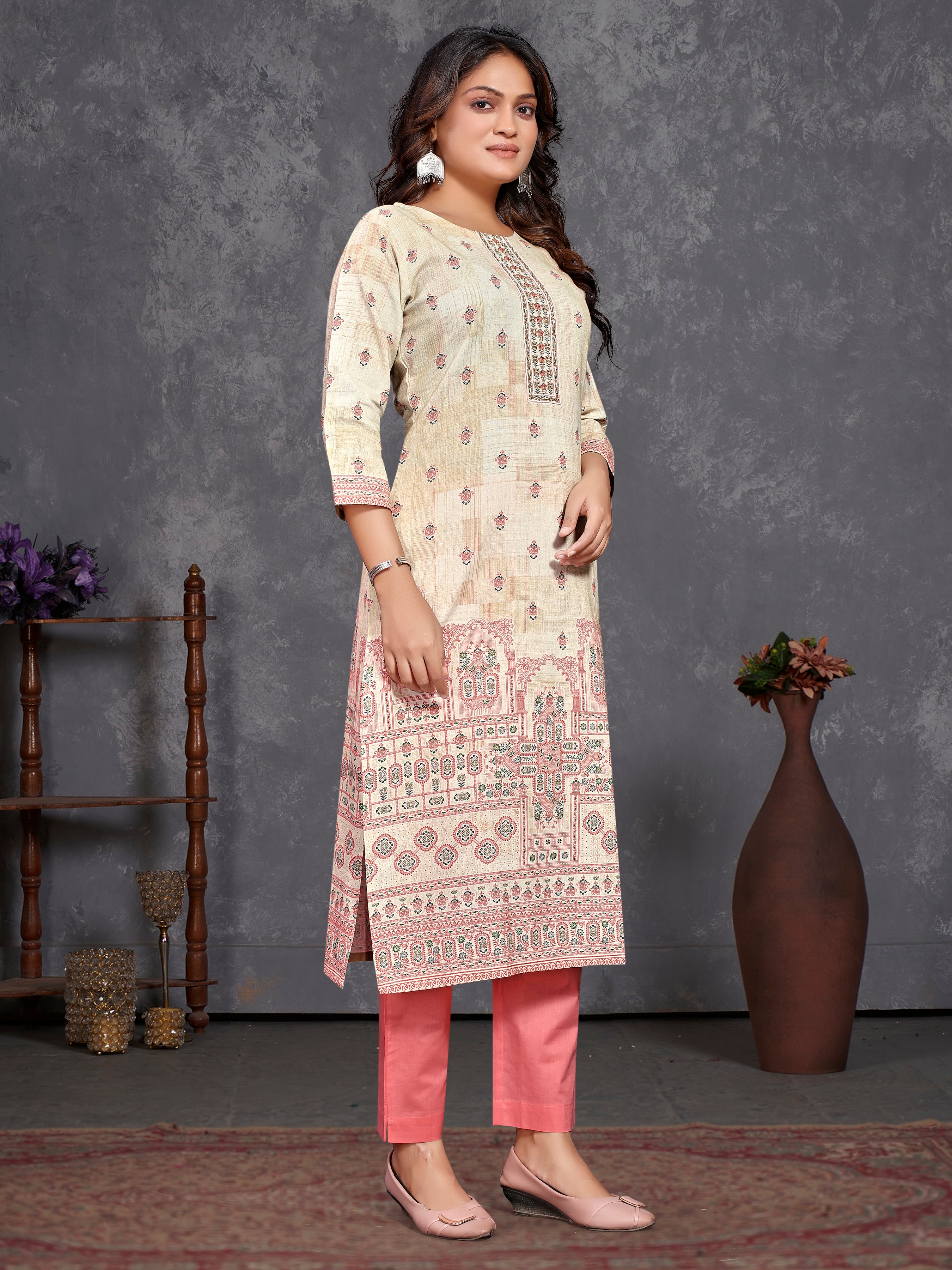Cream Pure Cotton Flex Three Pcs Suit With Pure Mal Dupatta