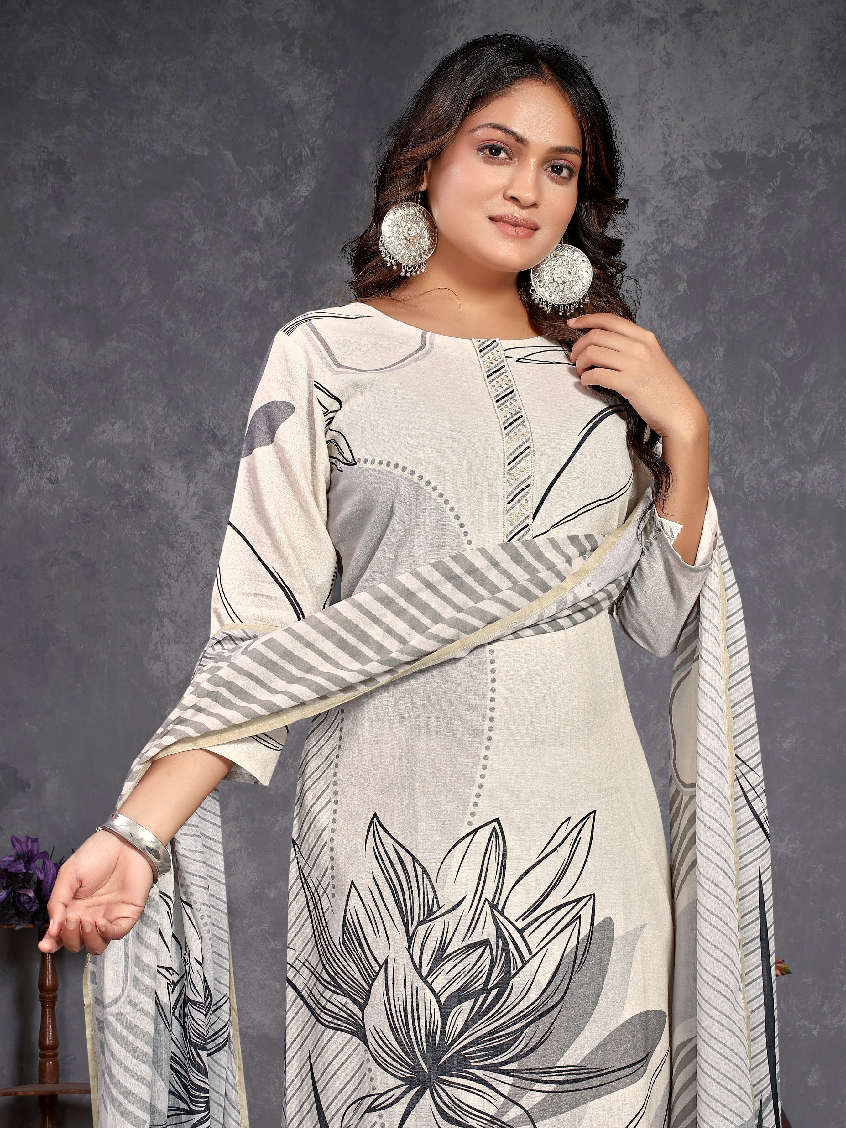 Cream Pure Flex Three Pcs Suit With Pure Mal Dupatta