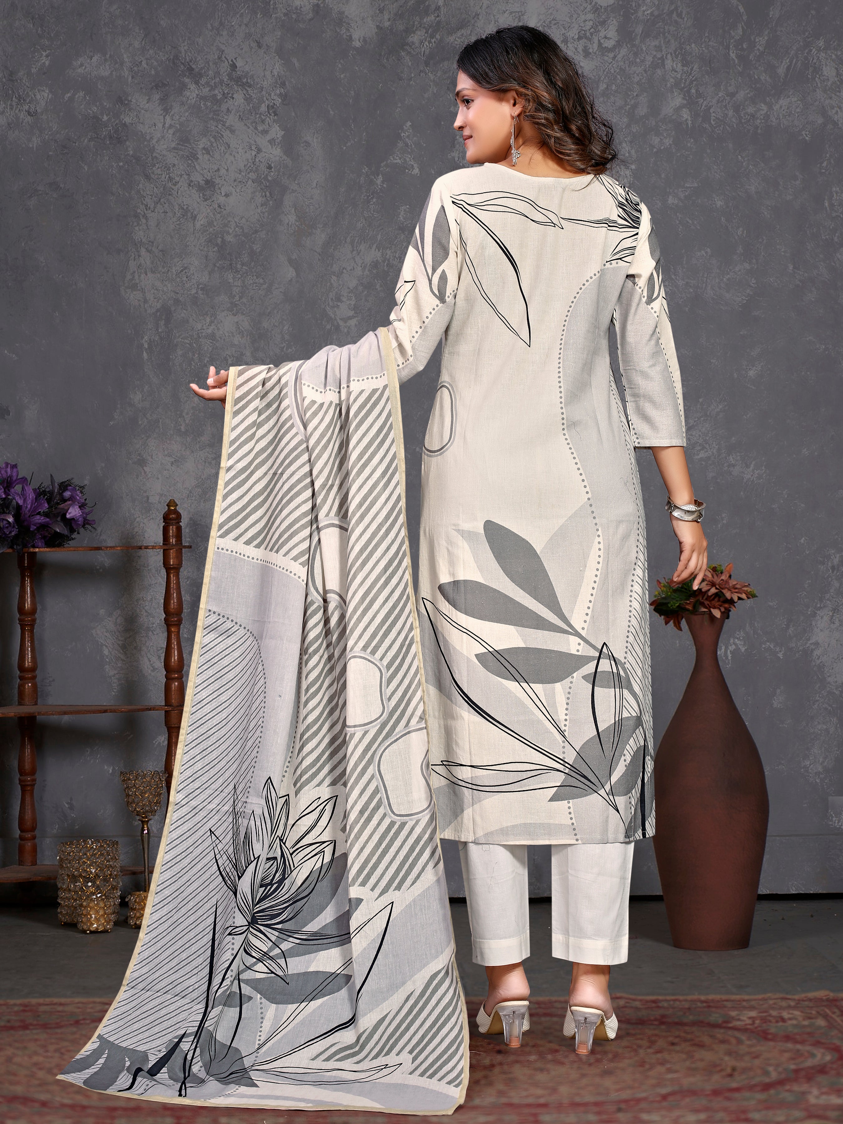 Cream Pure Flex Three Pcs Suit With Pure Mal Dupatta