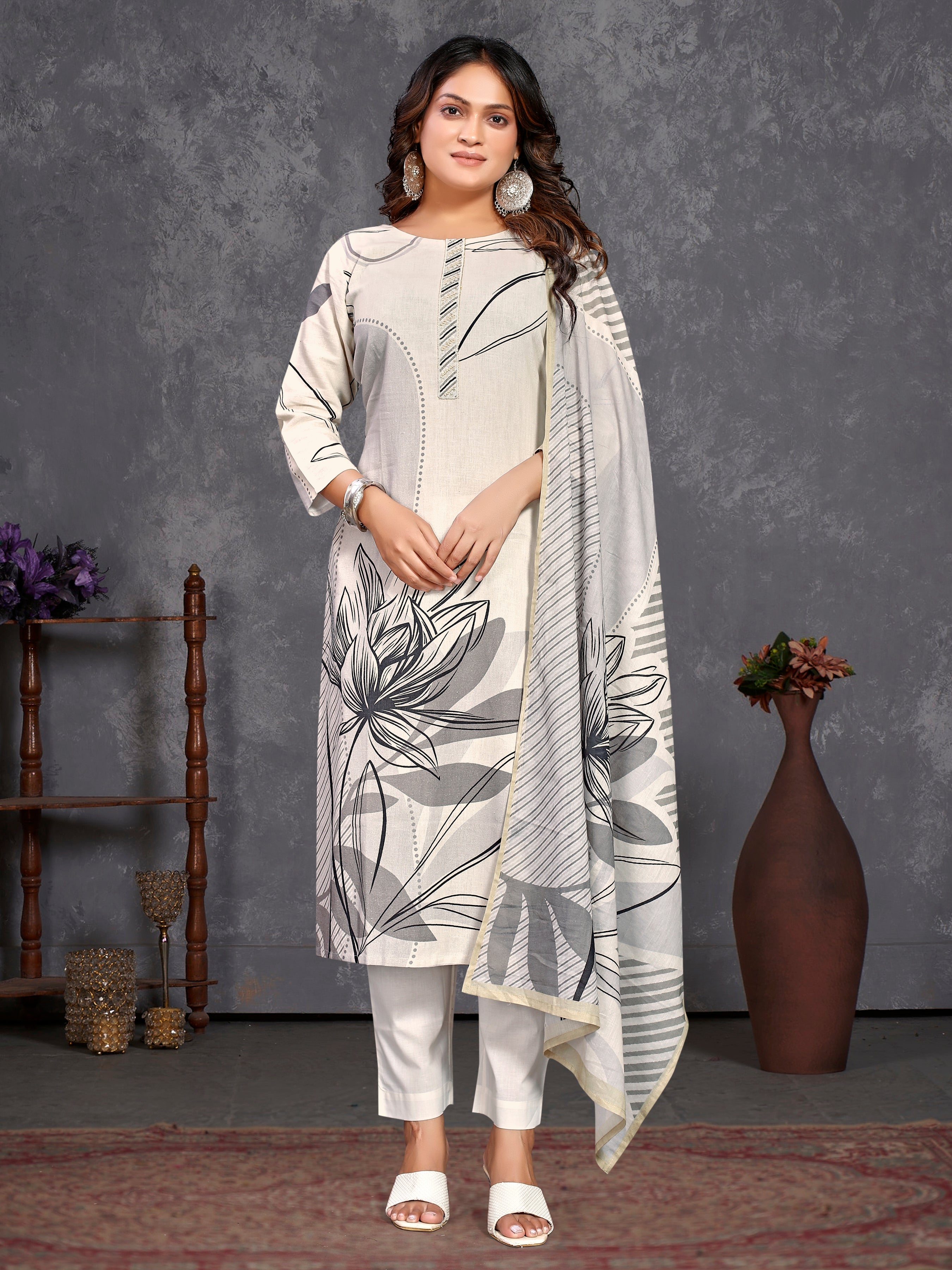 Cream Pure Flex Three Pcs Suit With Pure Mal Dupatta