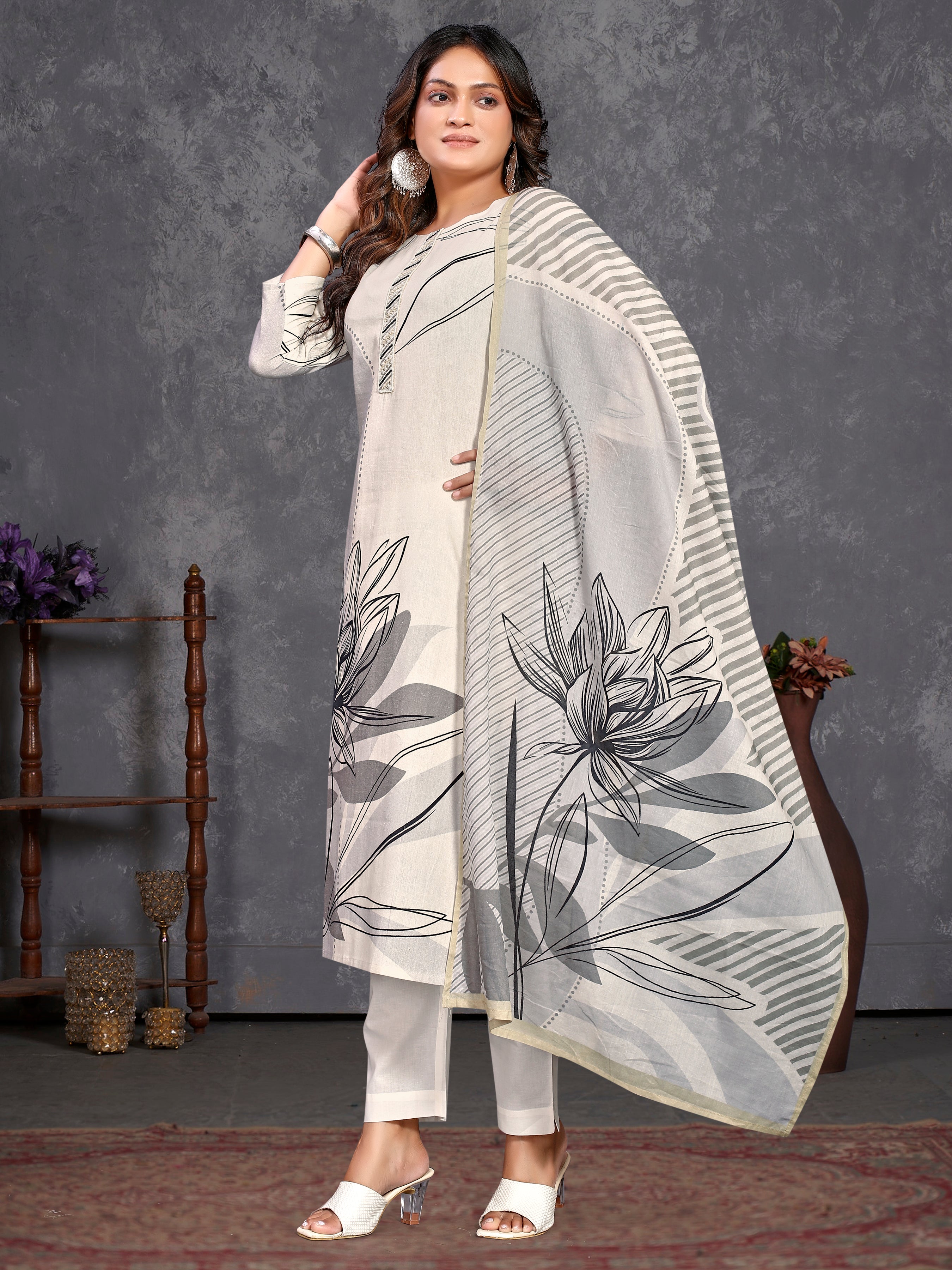 Cream Pure Flex Three Pcs Suit With Pure Mal Dupatta