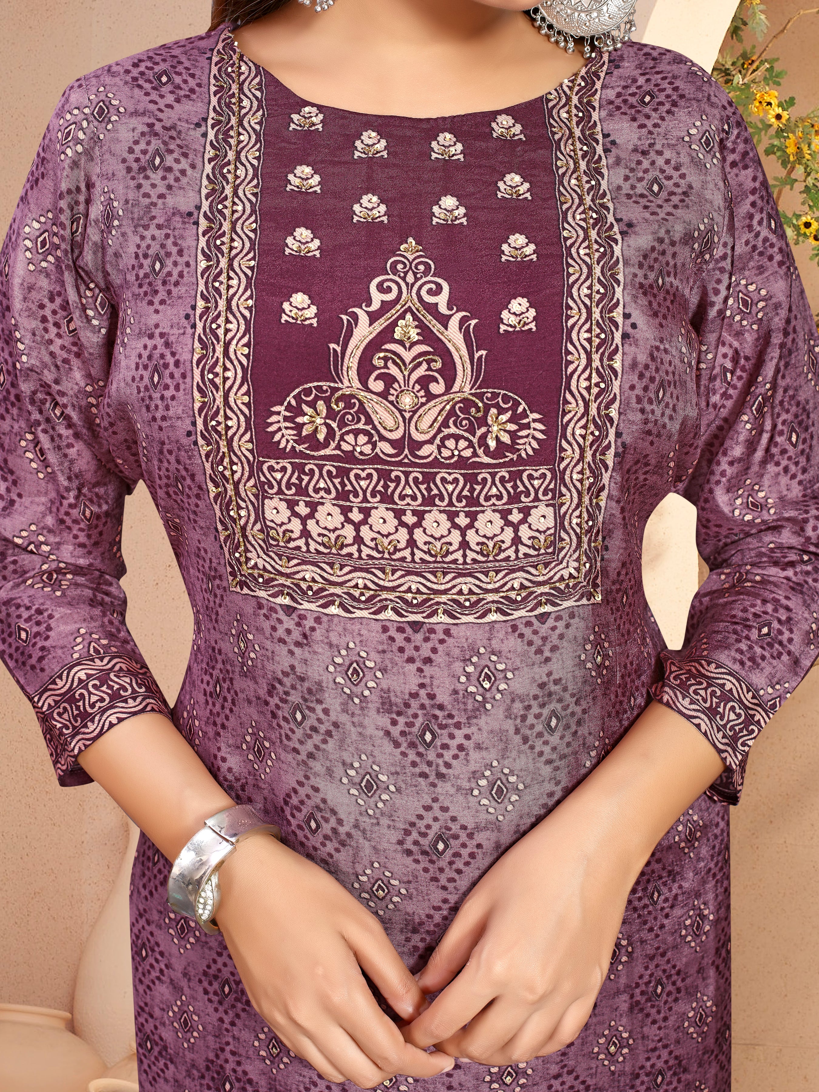 Violet Pure Masleen Three Pcs Suit With Masleen Dupatta