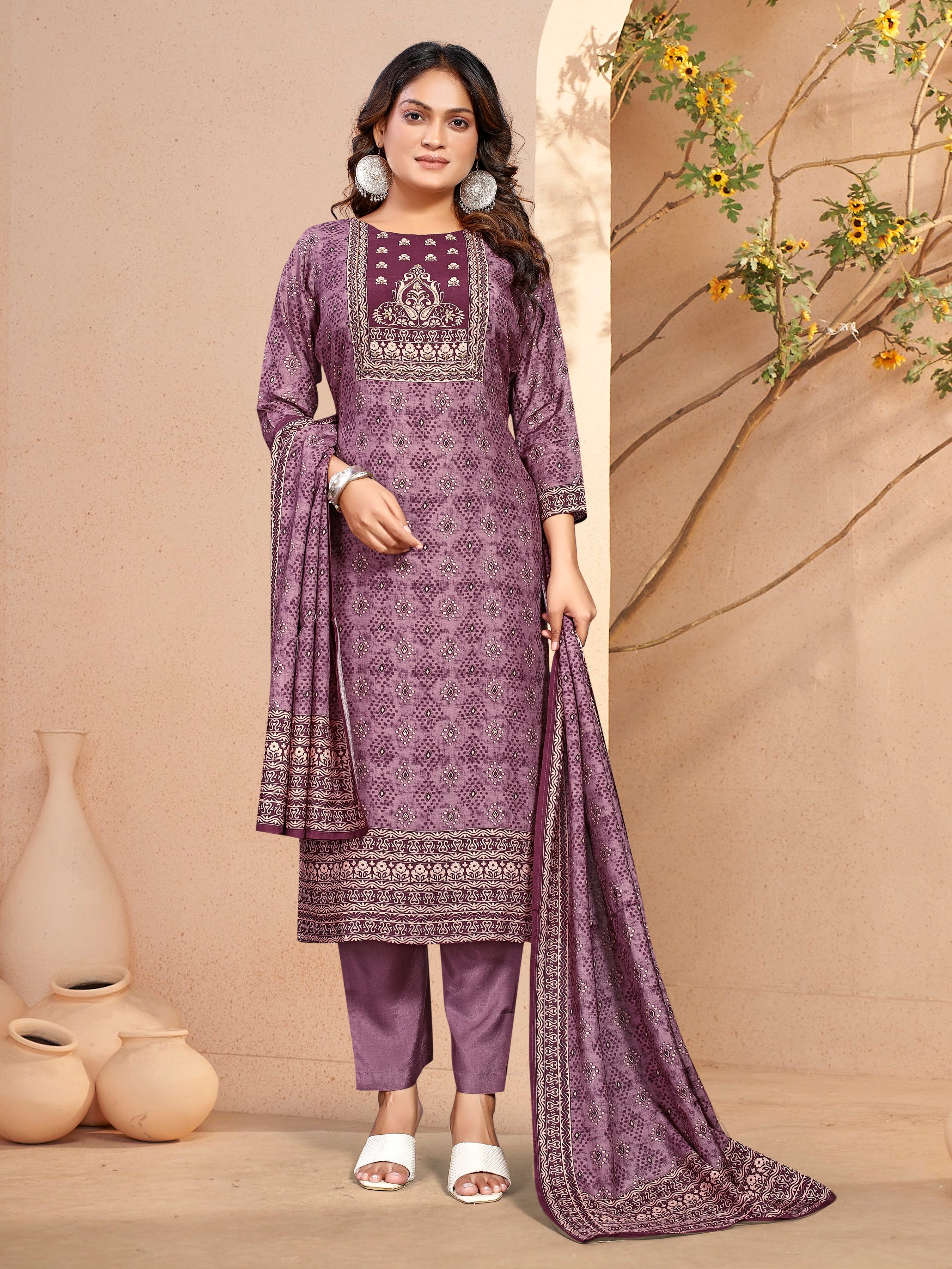 Violet Pure Masleen Three Pcs Suit With Masleen Dupatta