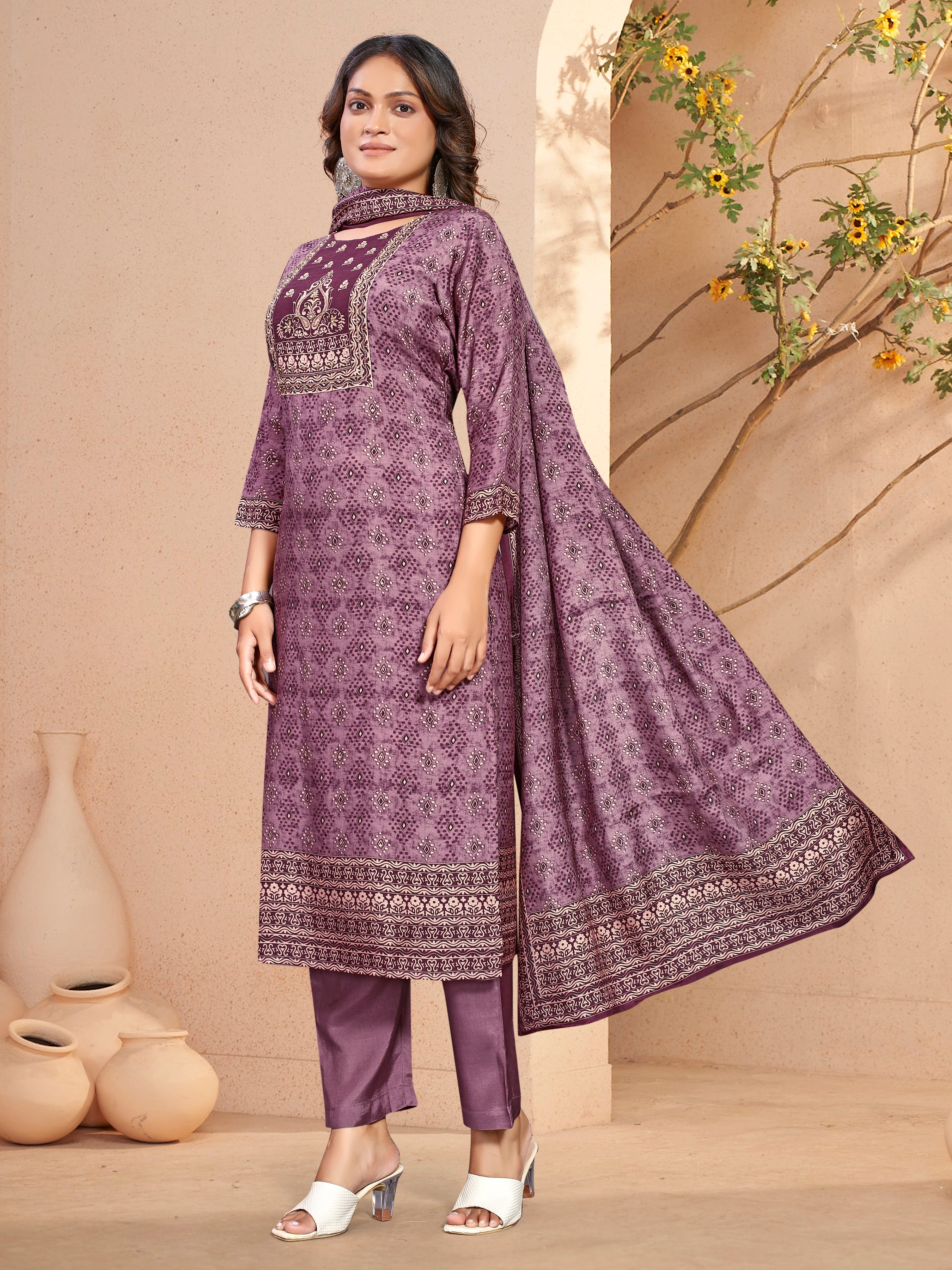 Violet Pure Masleen Three Pcs Suit With Masleen Dupatta