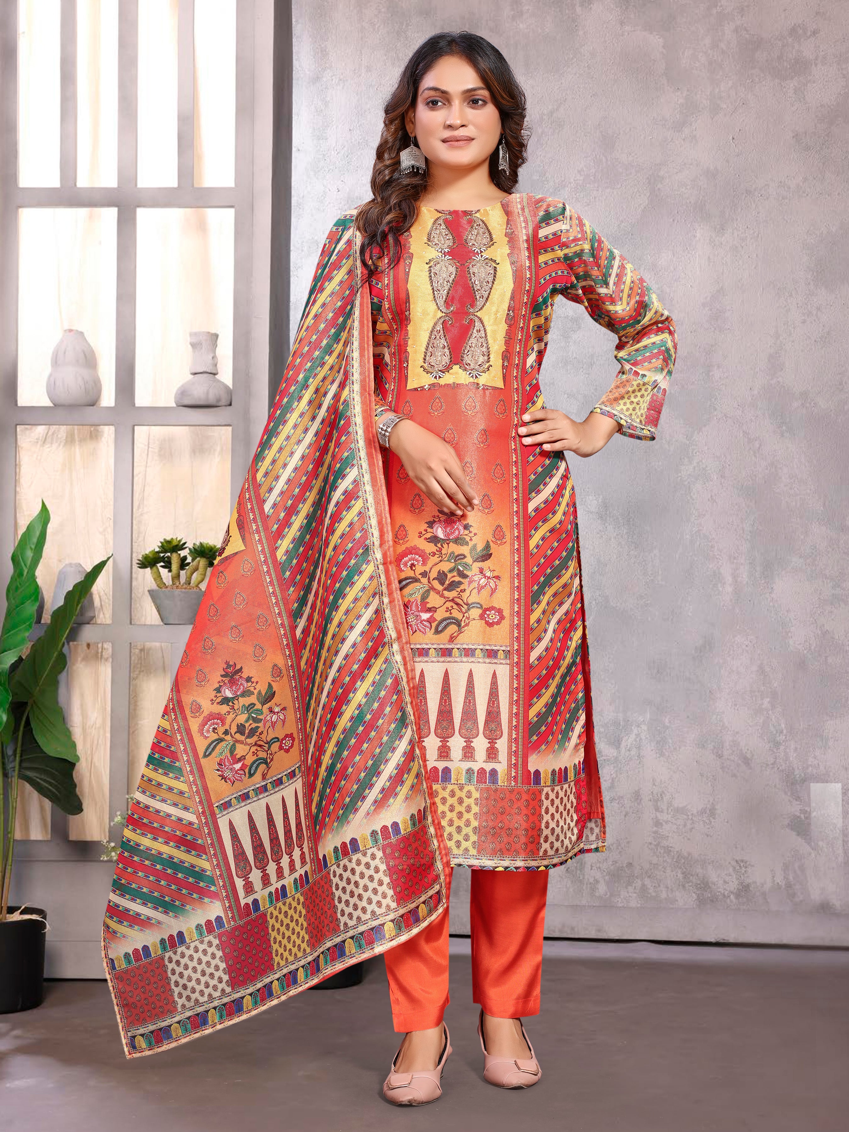 Orange Pv Shimmer Three Pcs Suit With Shimmer Dupatta