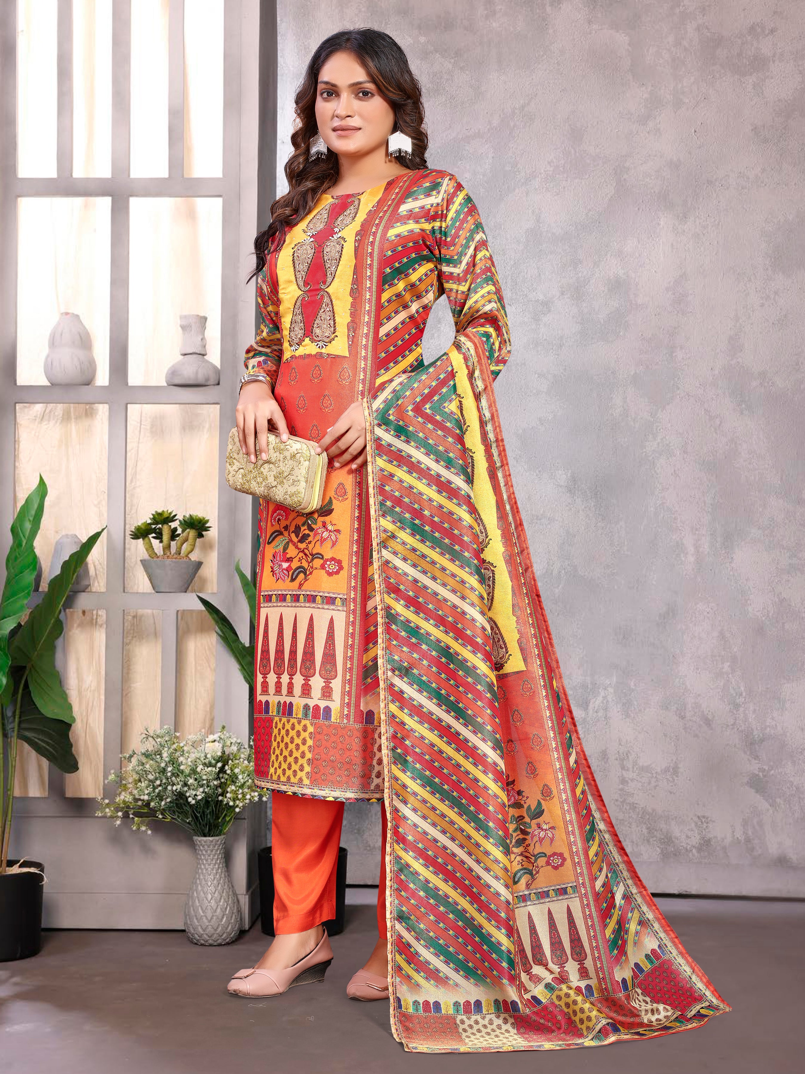 Orange Pv Shimmer Three Pcs Suit With Shimmer Dupatta