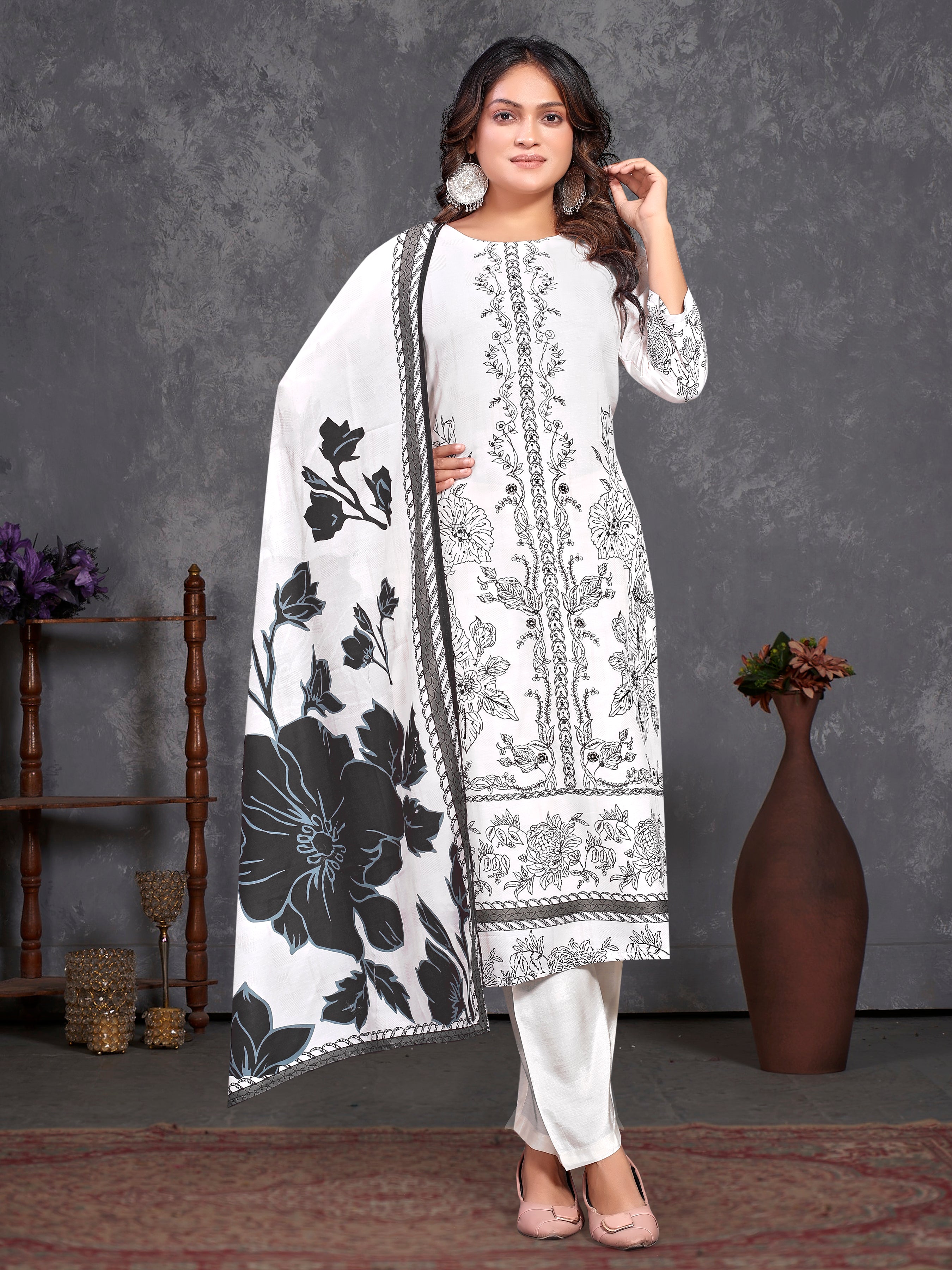 White Pure Masleen Three Pcs Suit With Masleen Dupatta