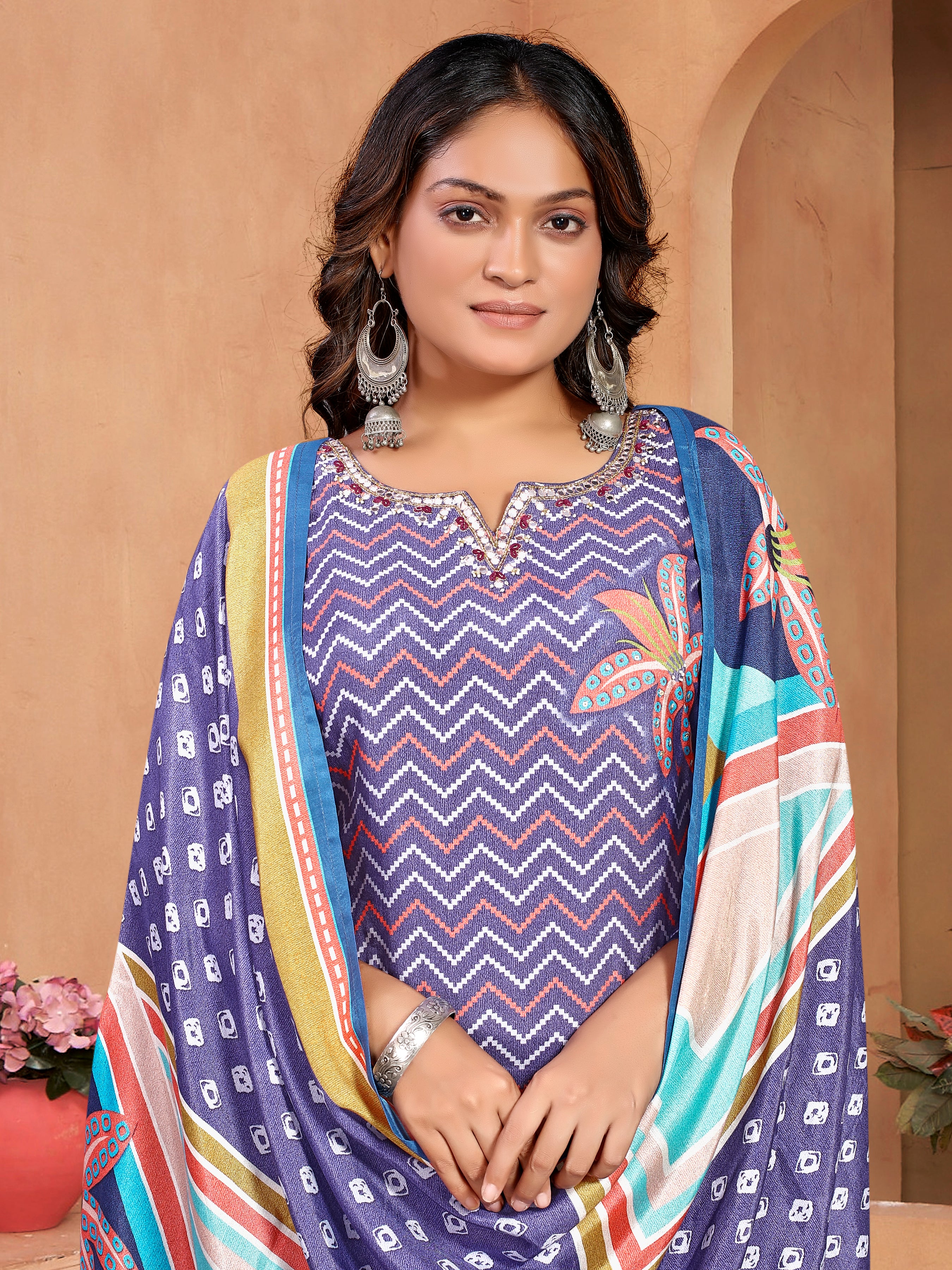 Purple Pure Masleen Three Pcs Suit With Masleen Dupatta