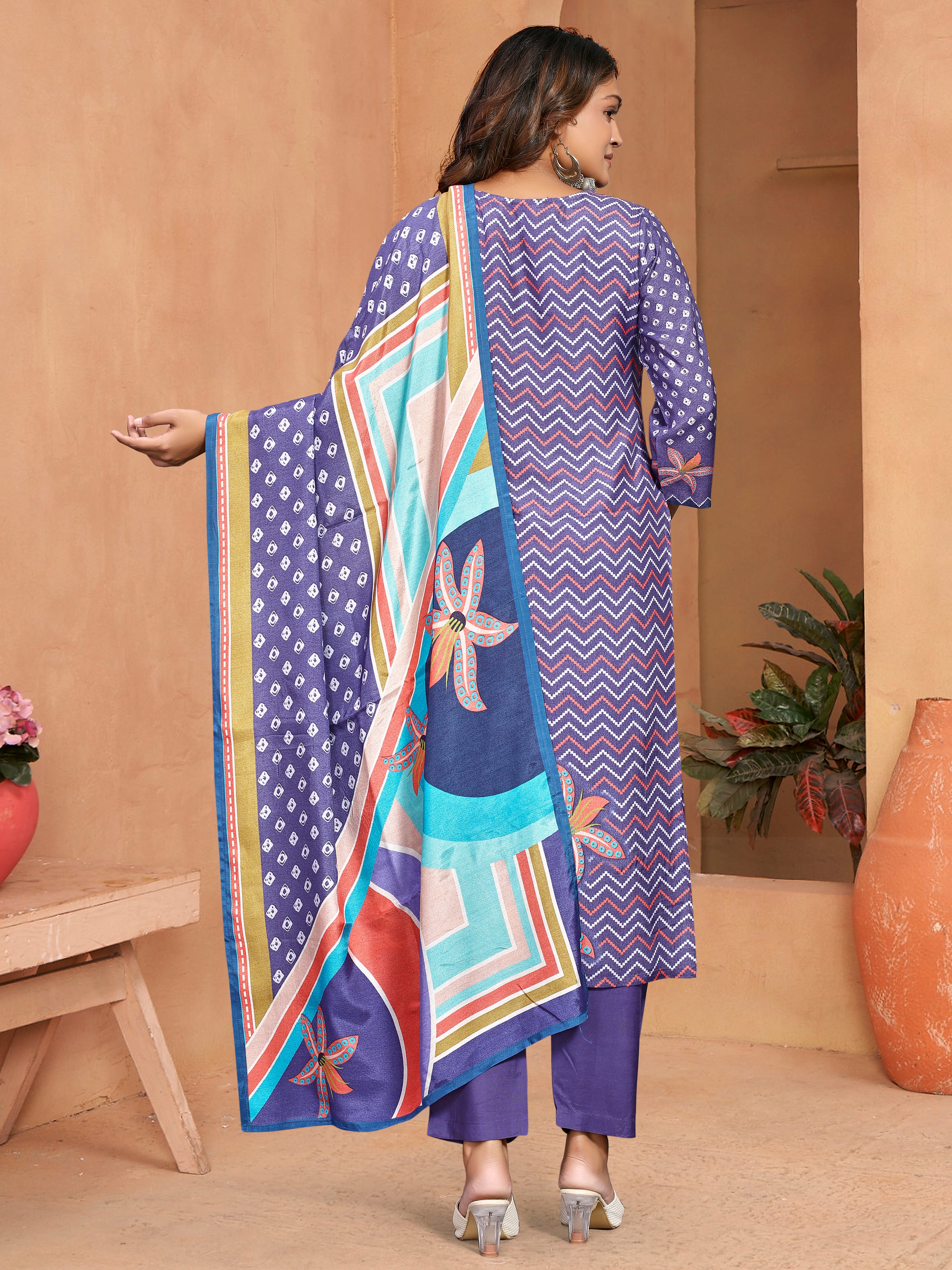 Purple Pure Masleen Three Pcs Suit With Masleen Dupatta