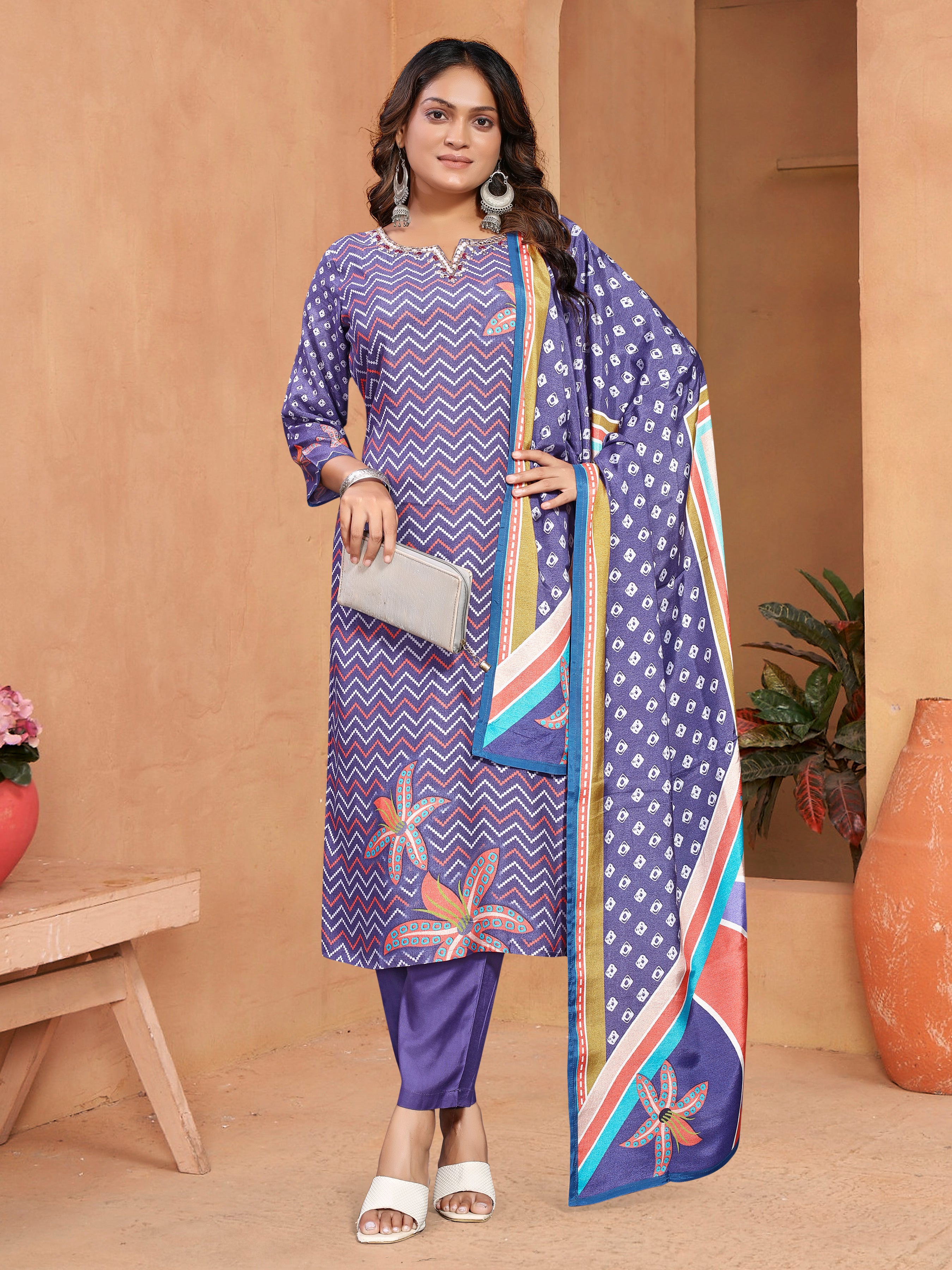 Purple Pure Masleen Three Pcs Suit With Masleen Dupatta