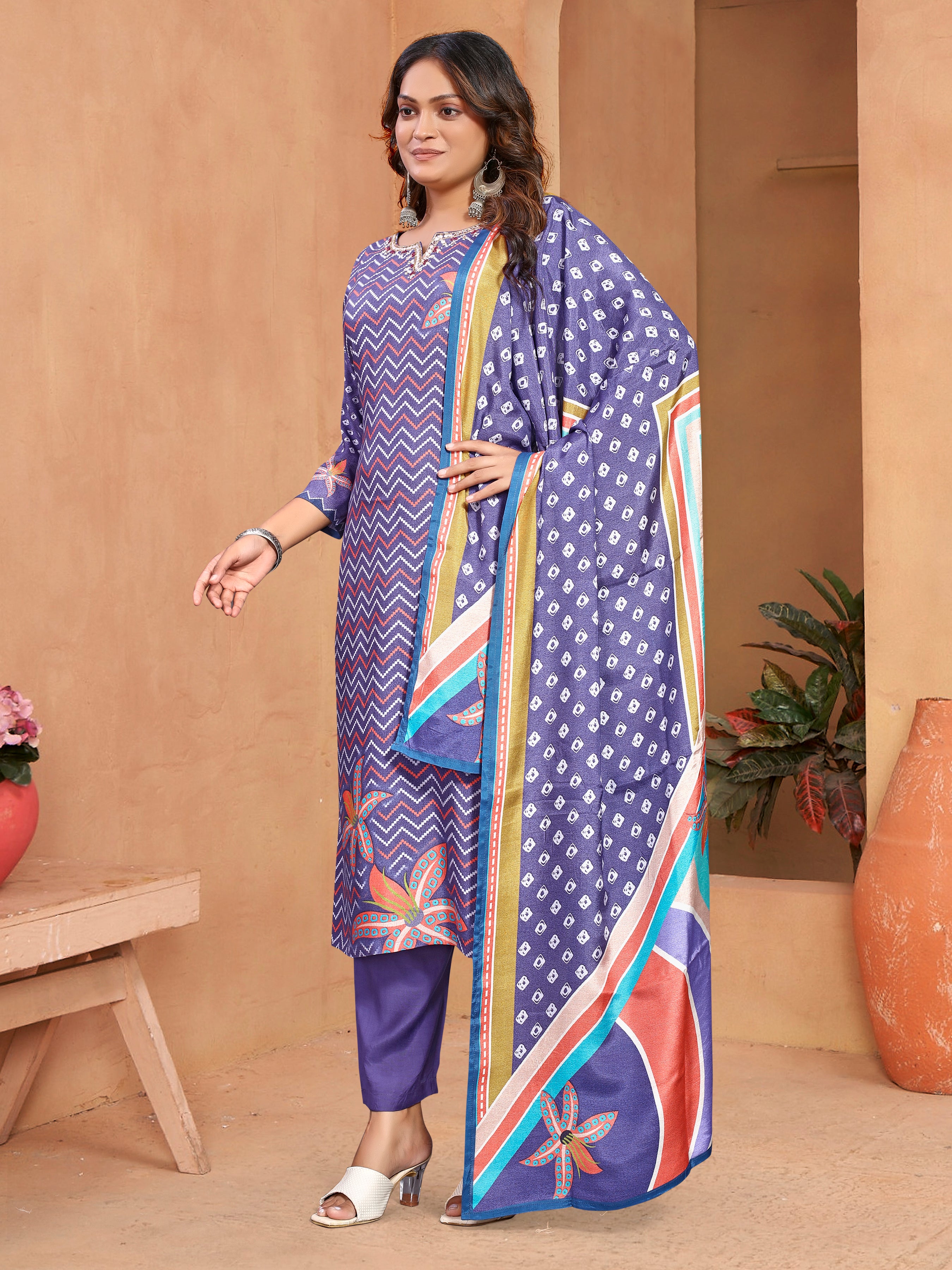 Purple Pure Masleen Three Pcs Suit With Masleen Dupatta