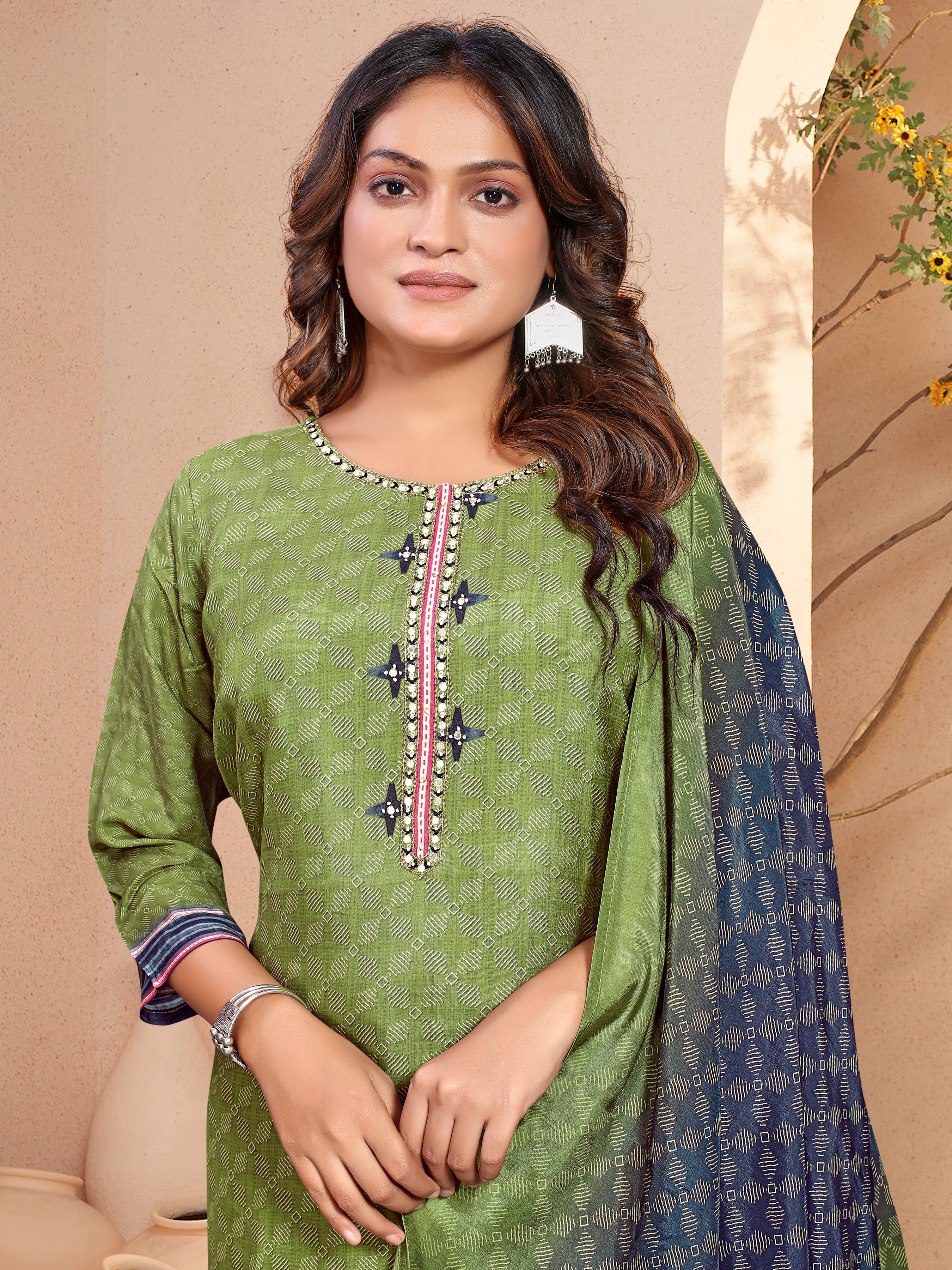Green Pure Masleen Three Pcs Suit With Masleen Dupatta