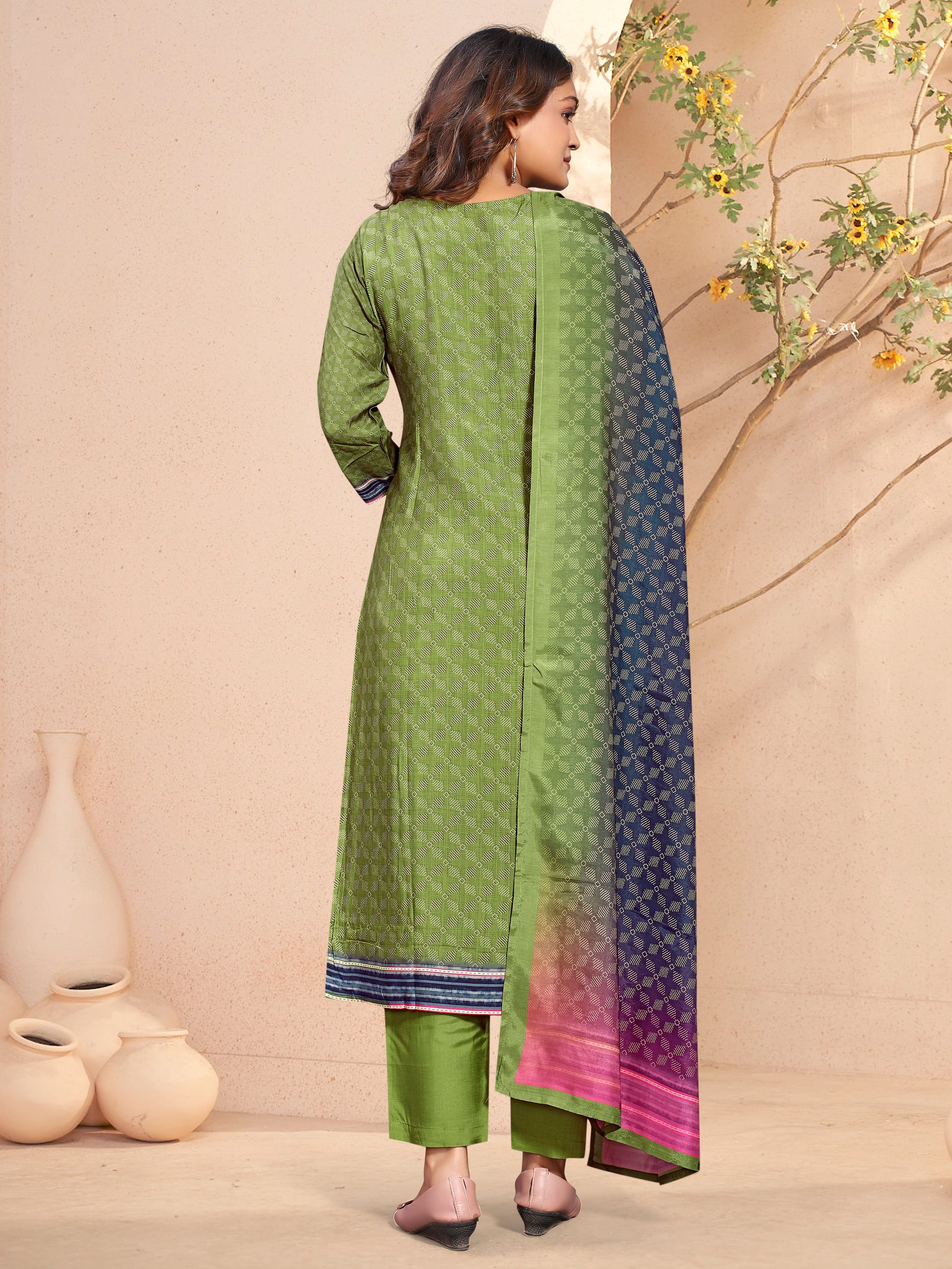 Green Pure Masleen Three Pcs Suit With Masleen Dupatta
