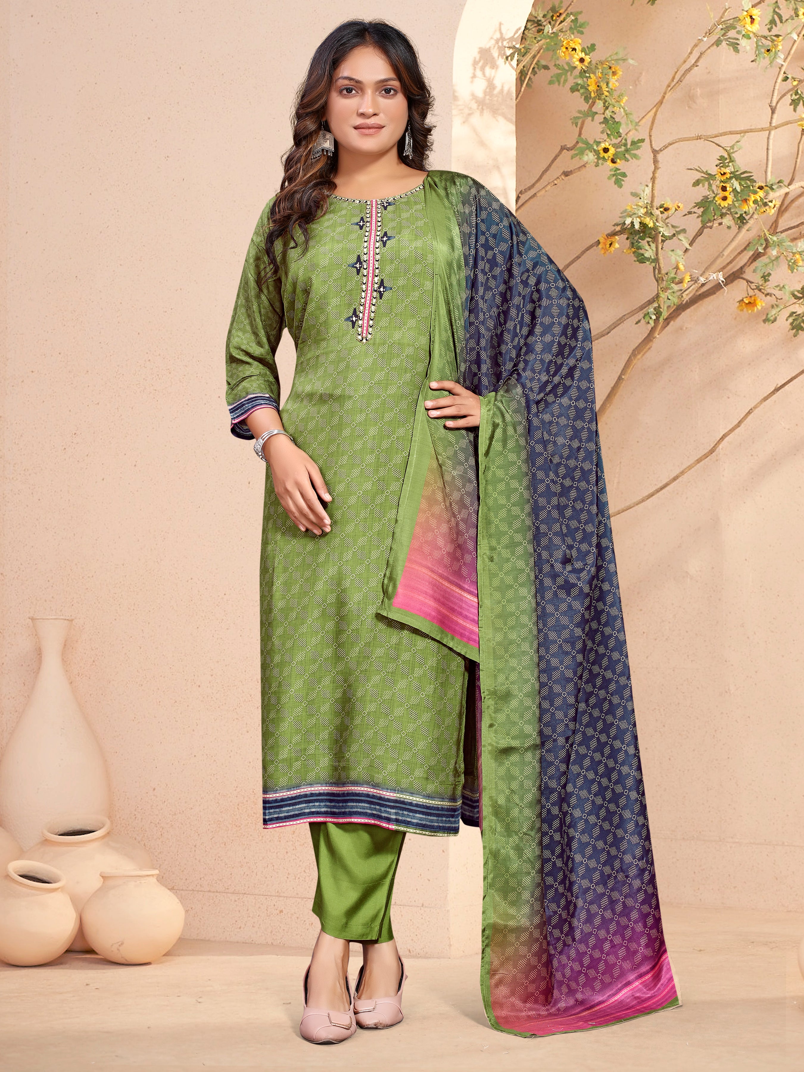 Green Pure Masleen Three Pcs Suit With Masleen Dupatta