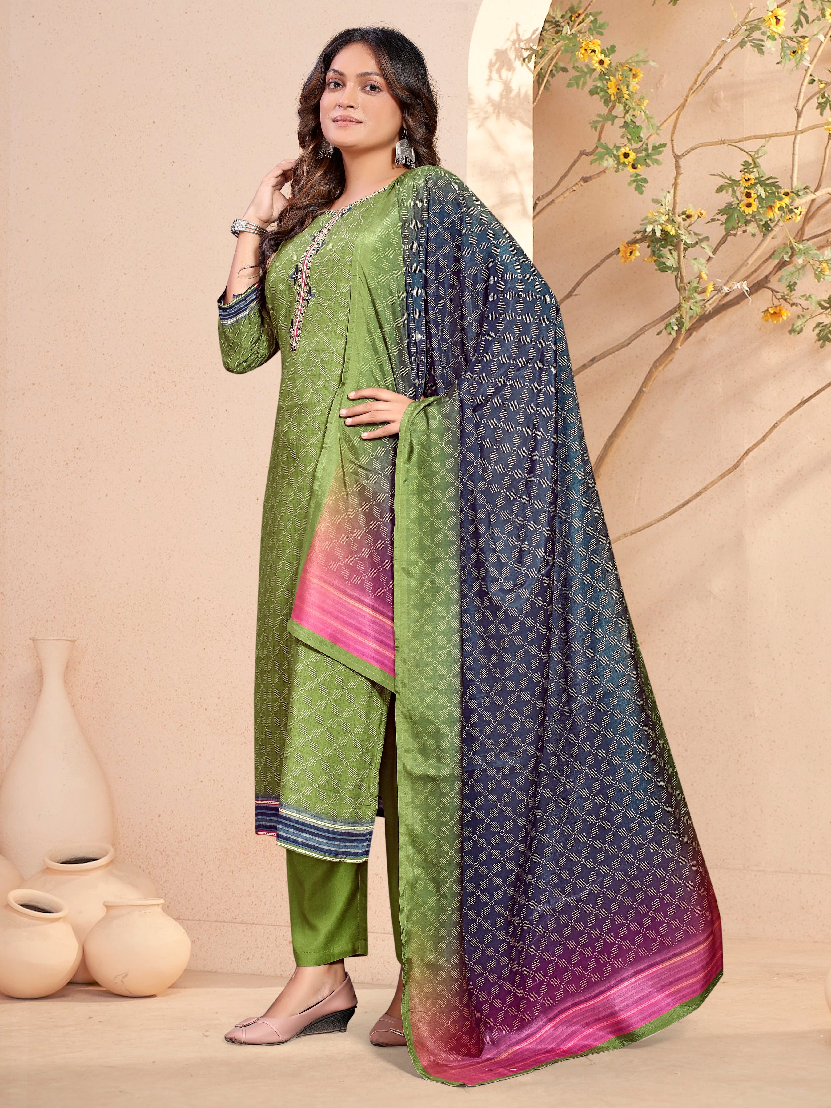Green Pure Masleen Three Pcs Suit With Masleen Dupatta