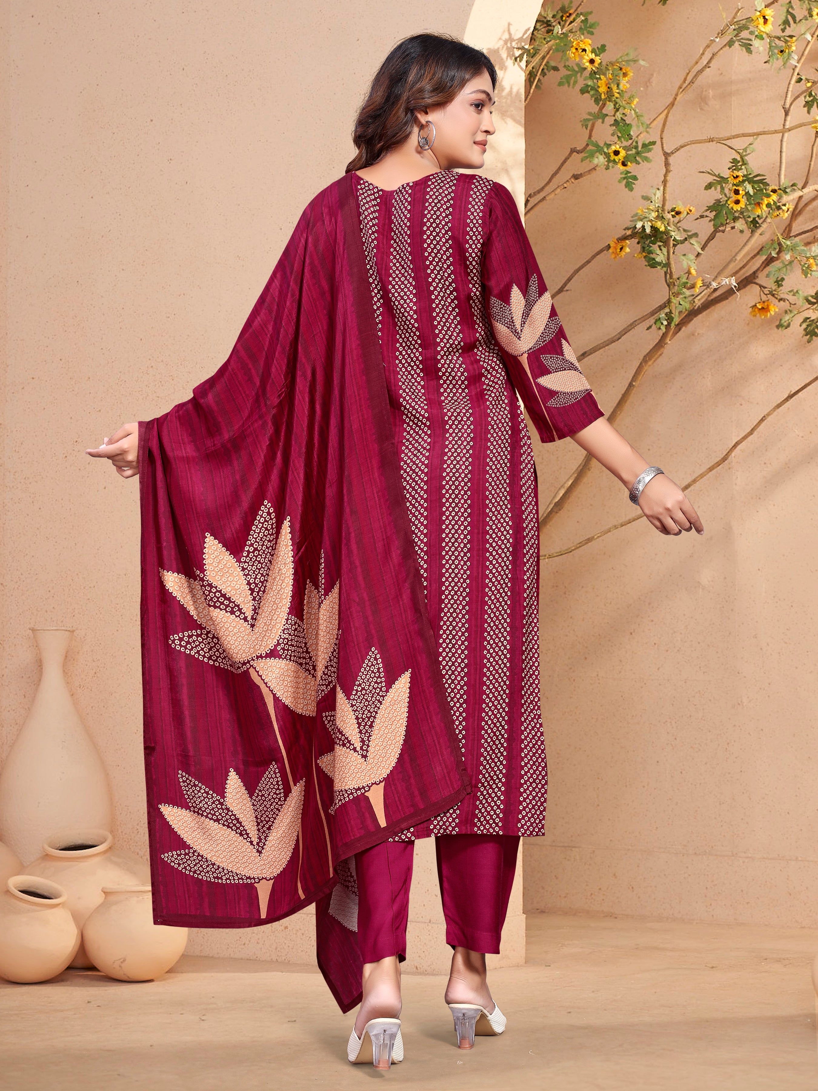 Red  Pure Masleen Three Pcs Suit With Masleen Dupatta