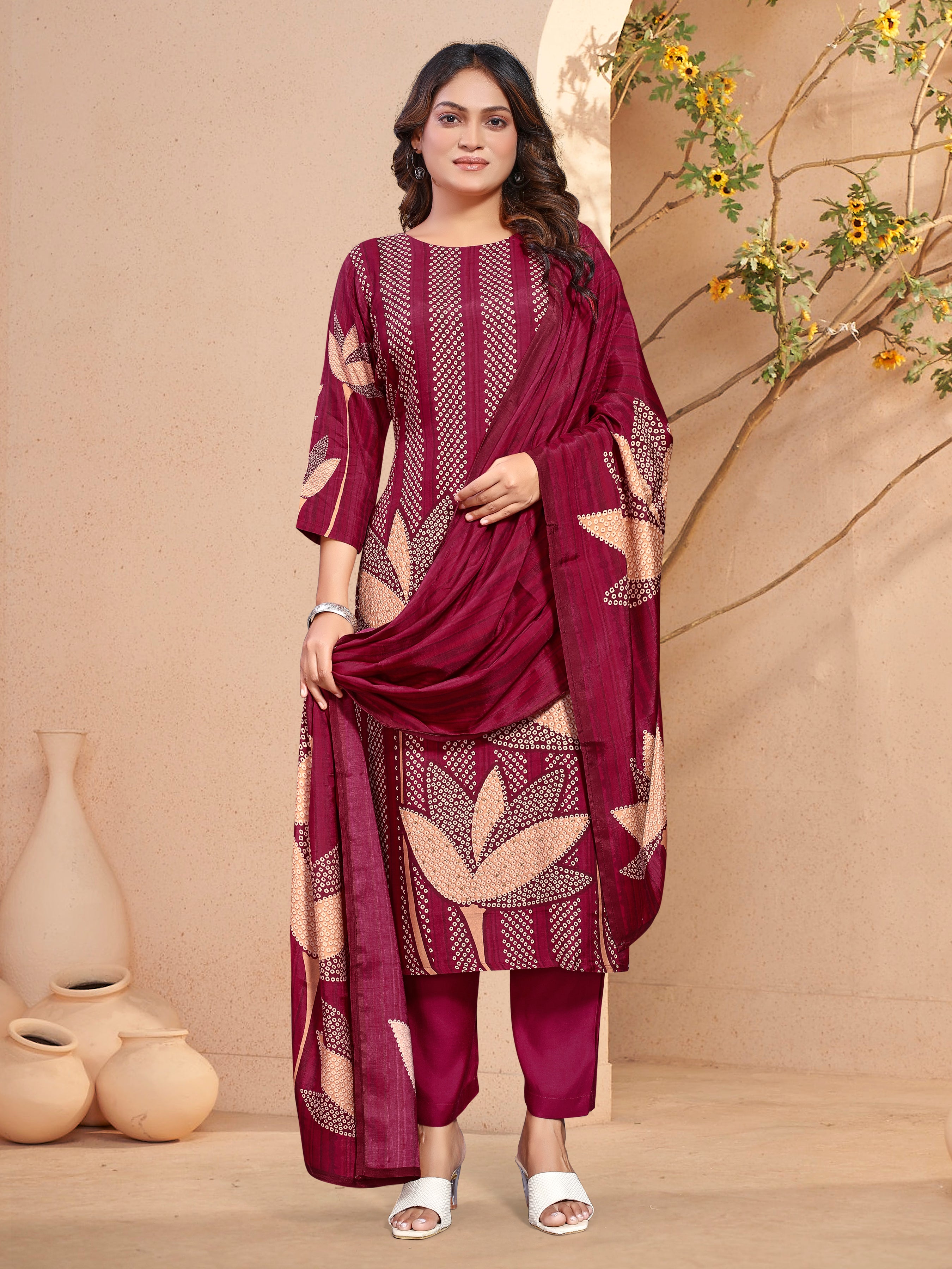 Red  Pure Masleen Three Pcs Suit With Masleen Dupatta