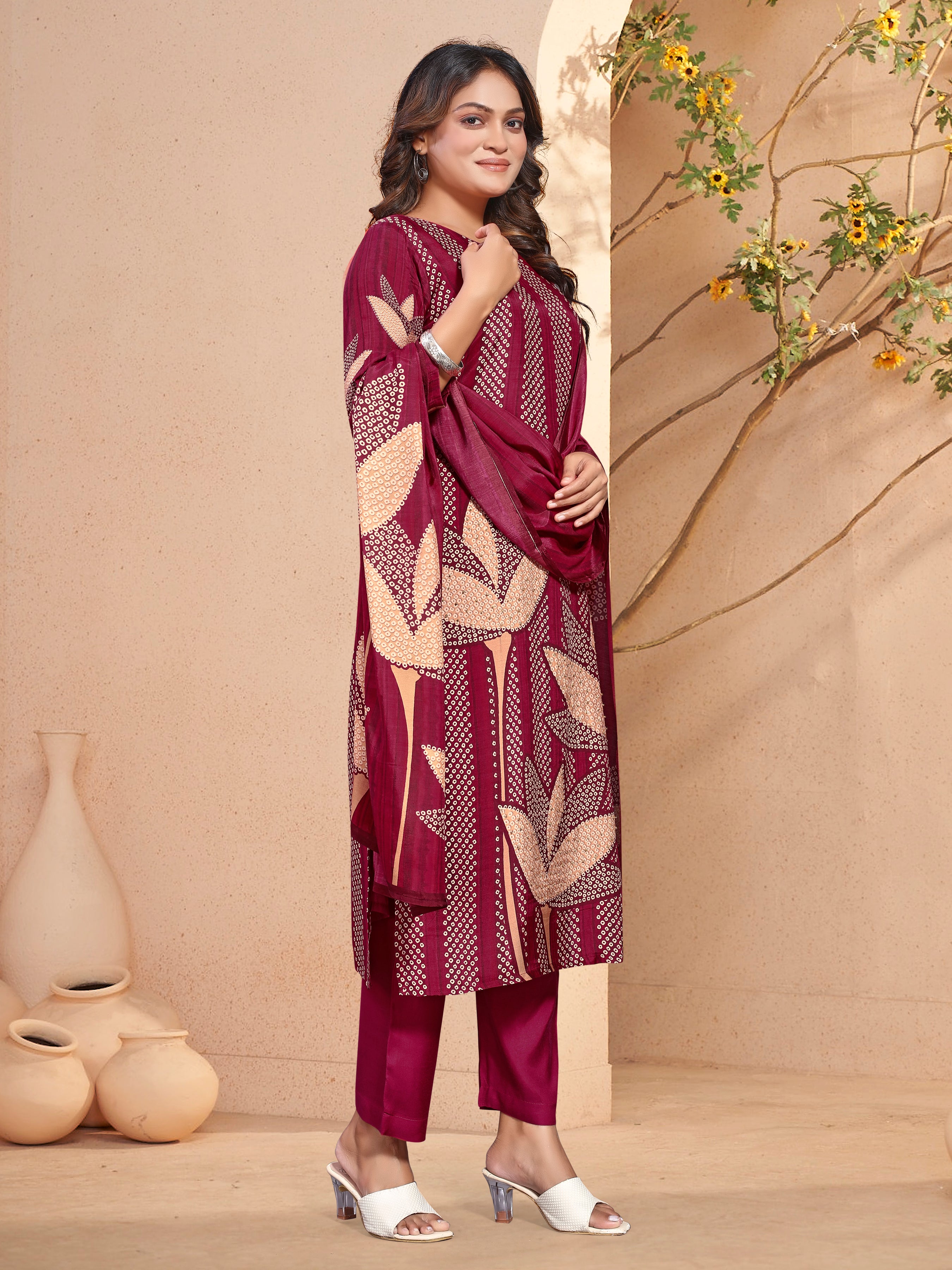 Red  Pure Masleen Three Pcs Suit With Masleen Dupatta