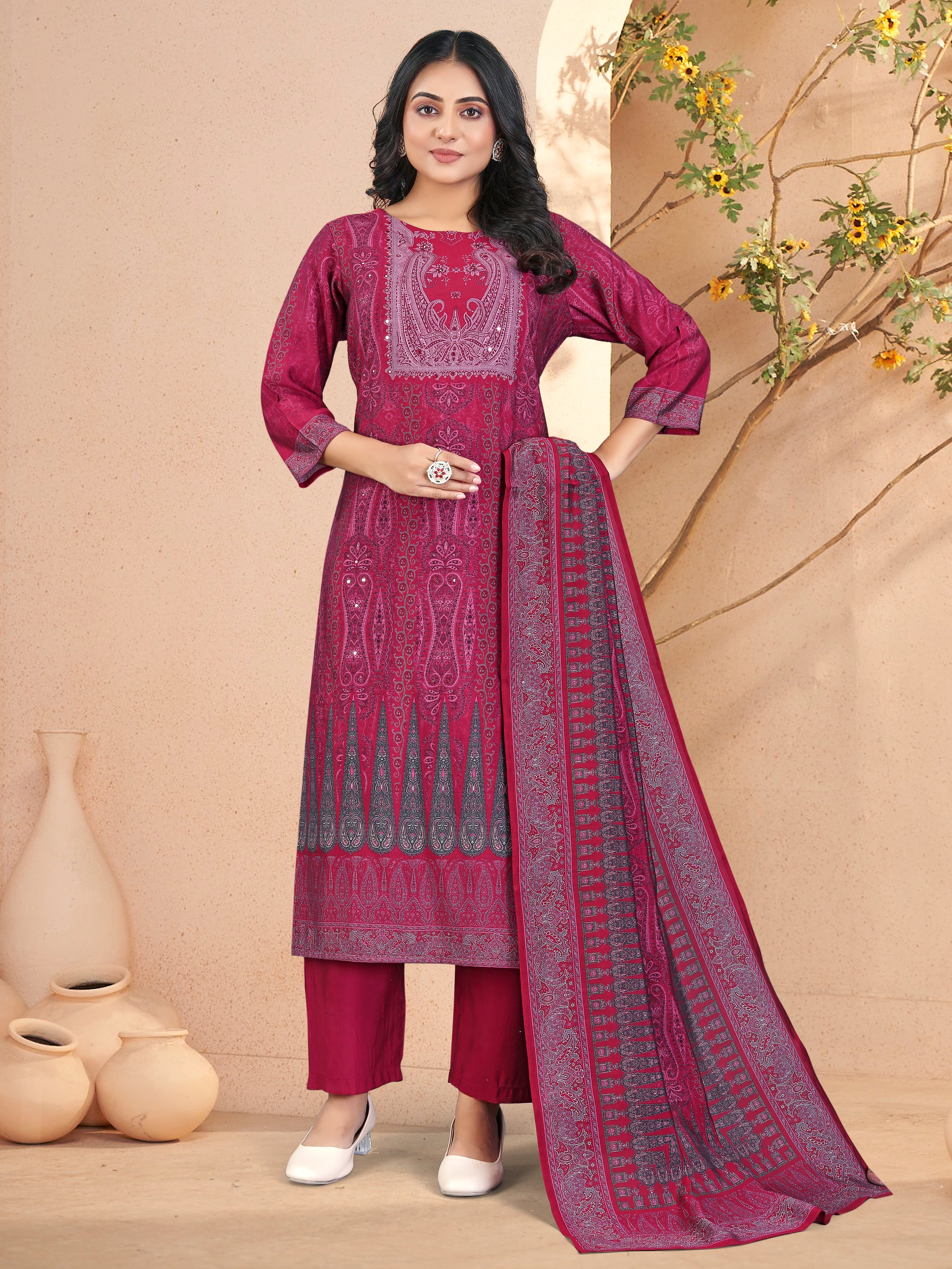 Maroonroman Silk 3 Pcs Suit