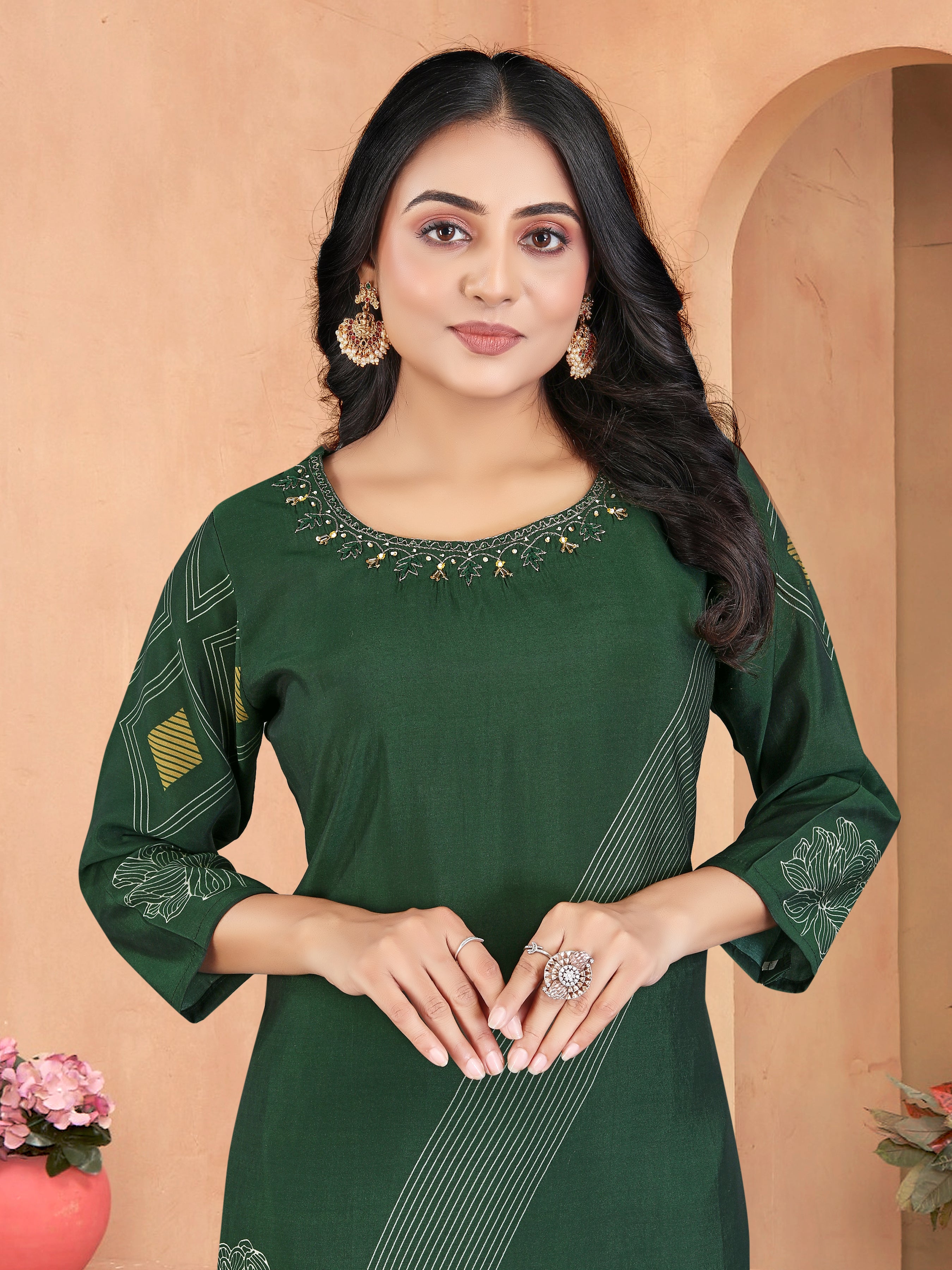 Green Roman Silk 3  Pcs Suit