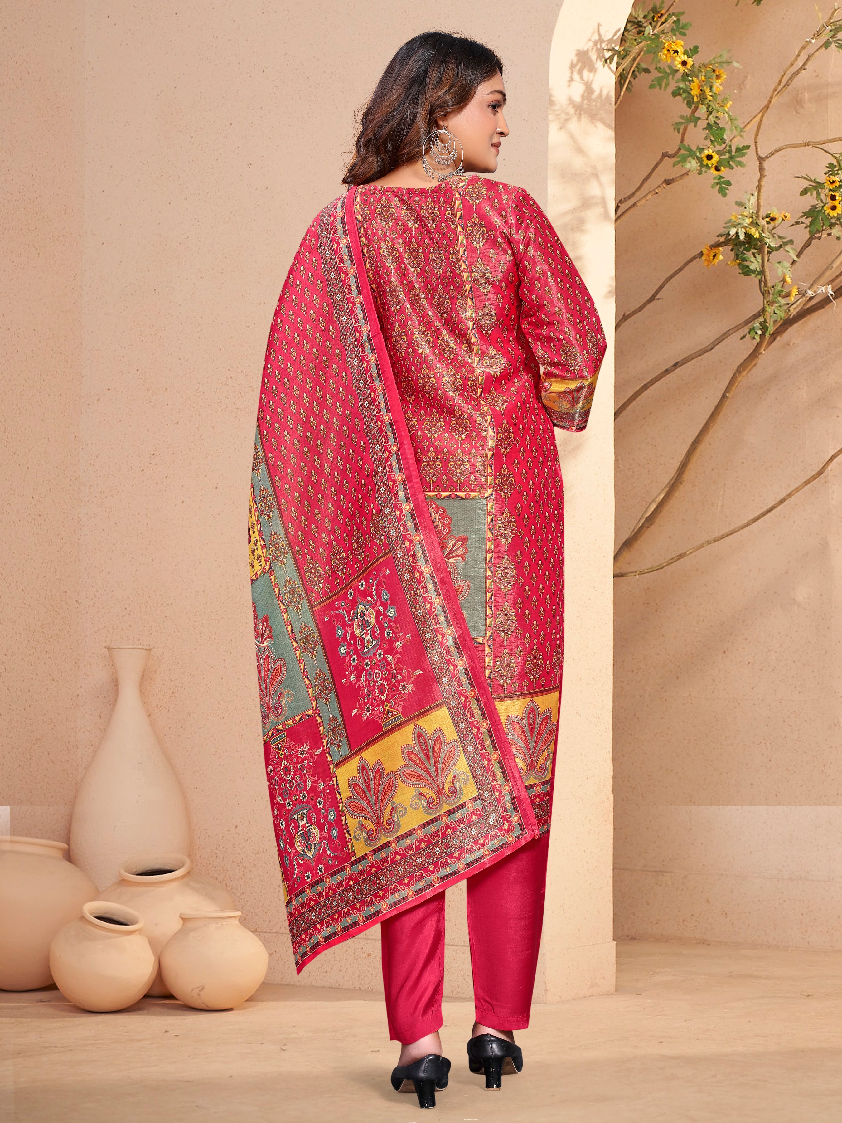 Red Pv Shimmer Three Pcs Suit With Shimmer Dupatta