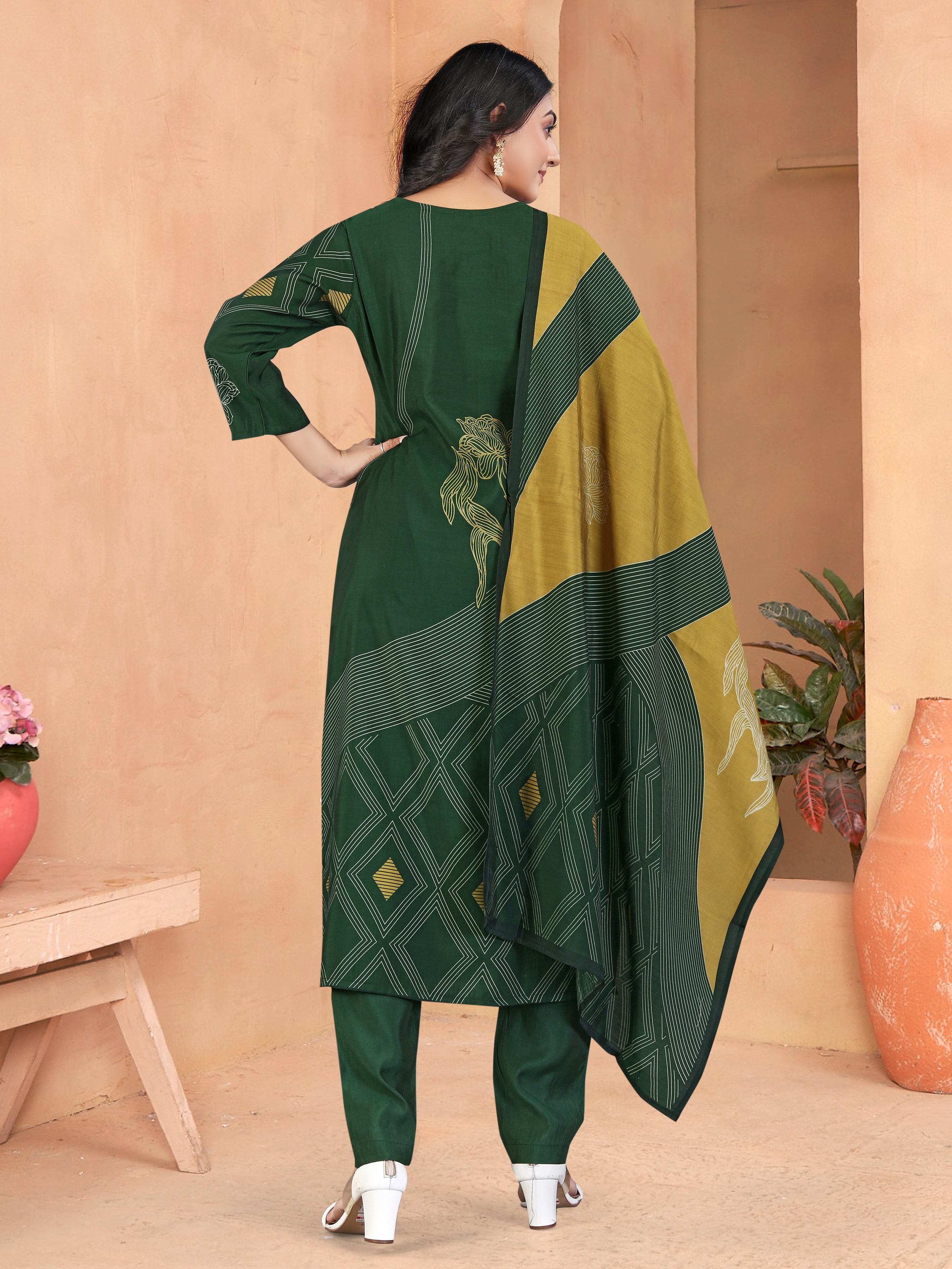Green Roman Silk 3  Pcs Suit