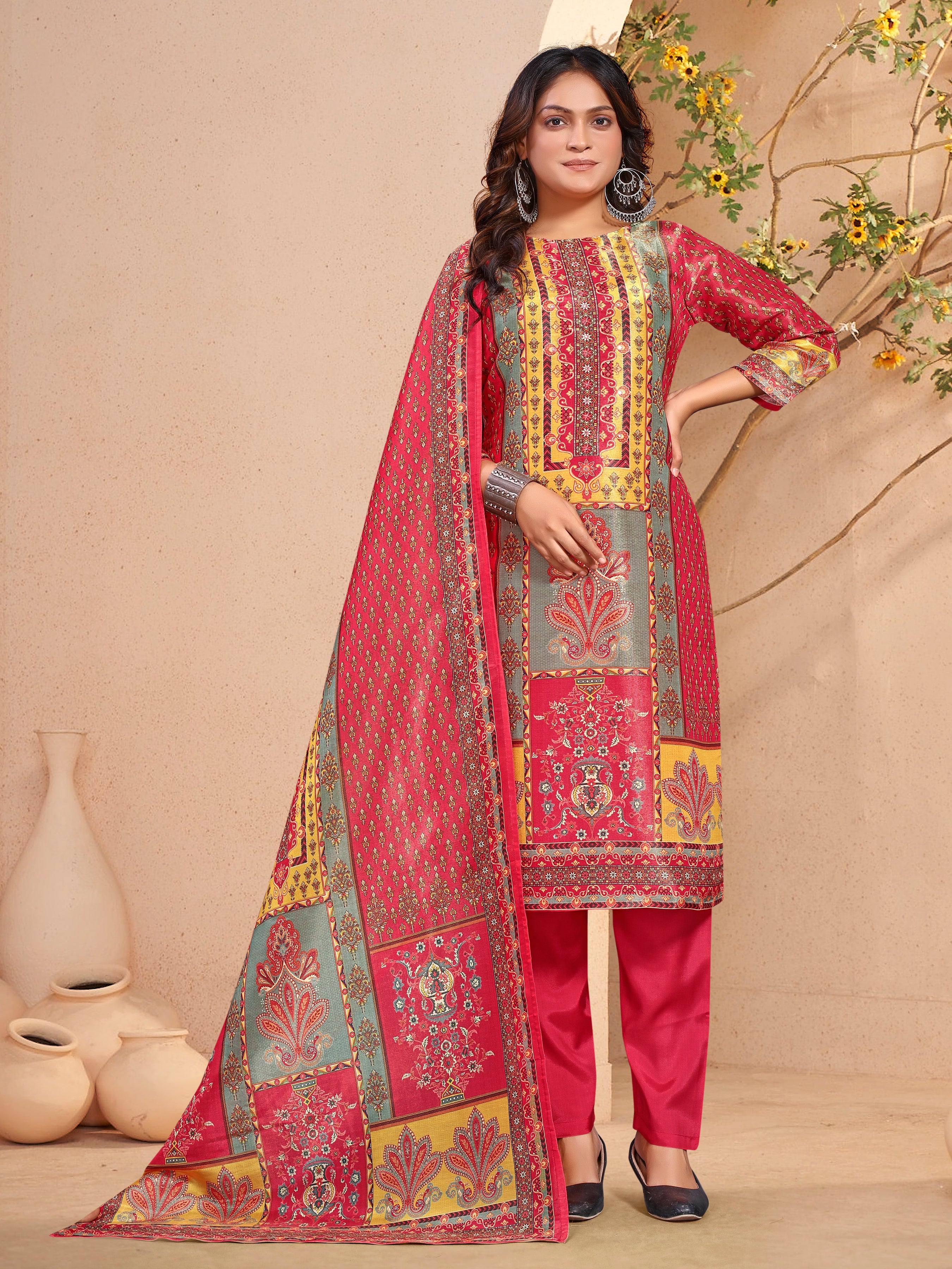 Red Pv Shimmer Three Pcs Suit With Shimmer Dupatta