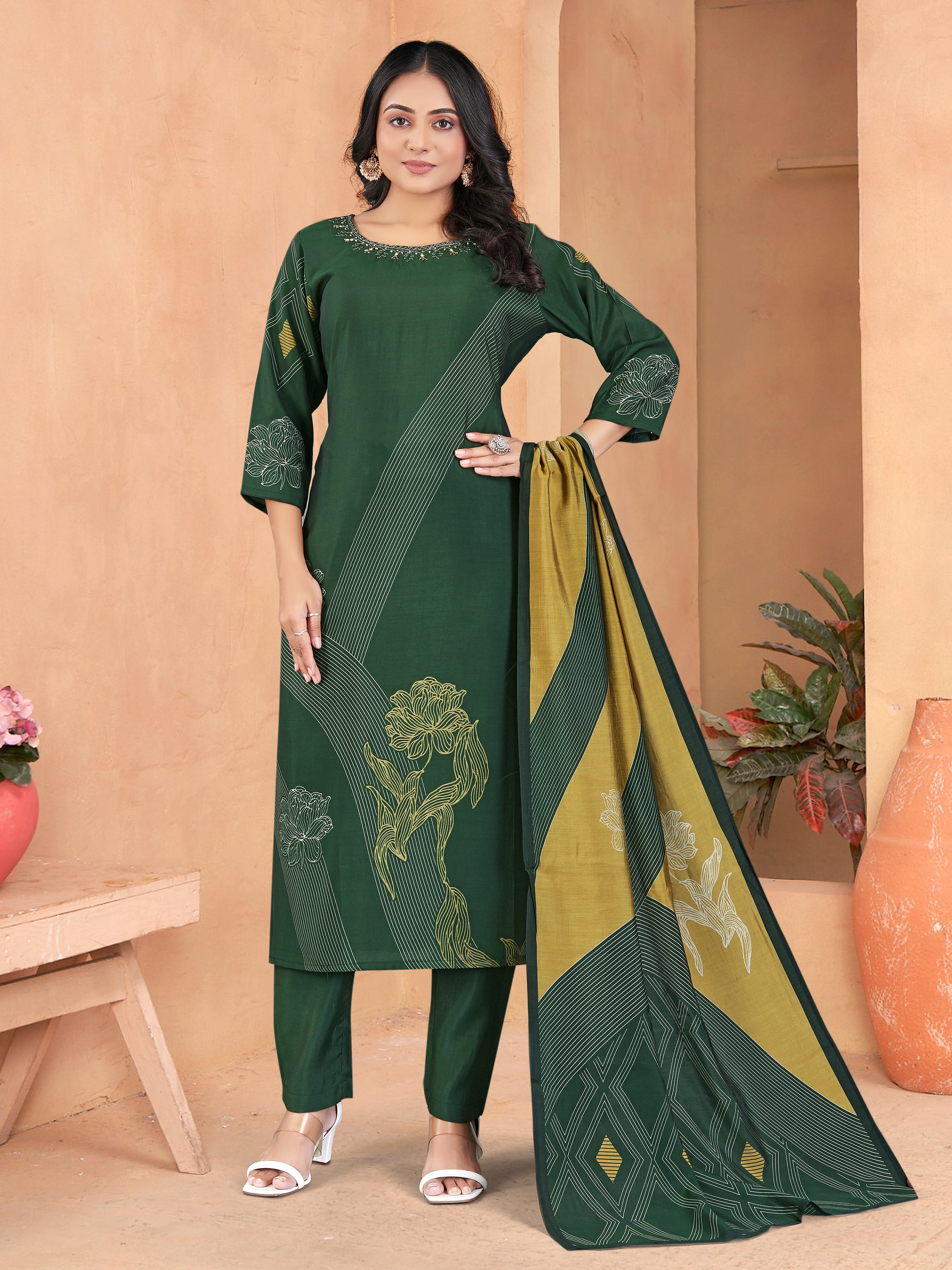 Green Roman Silk 3  Pcs Suit