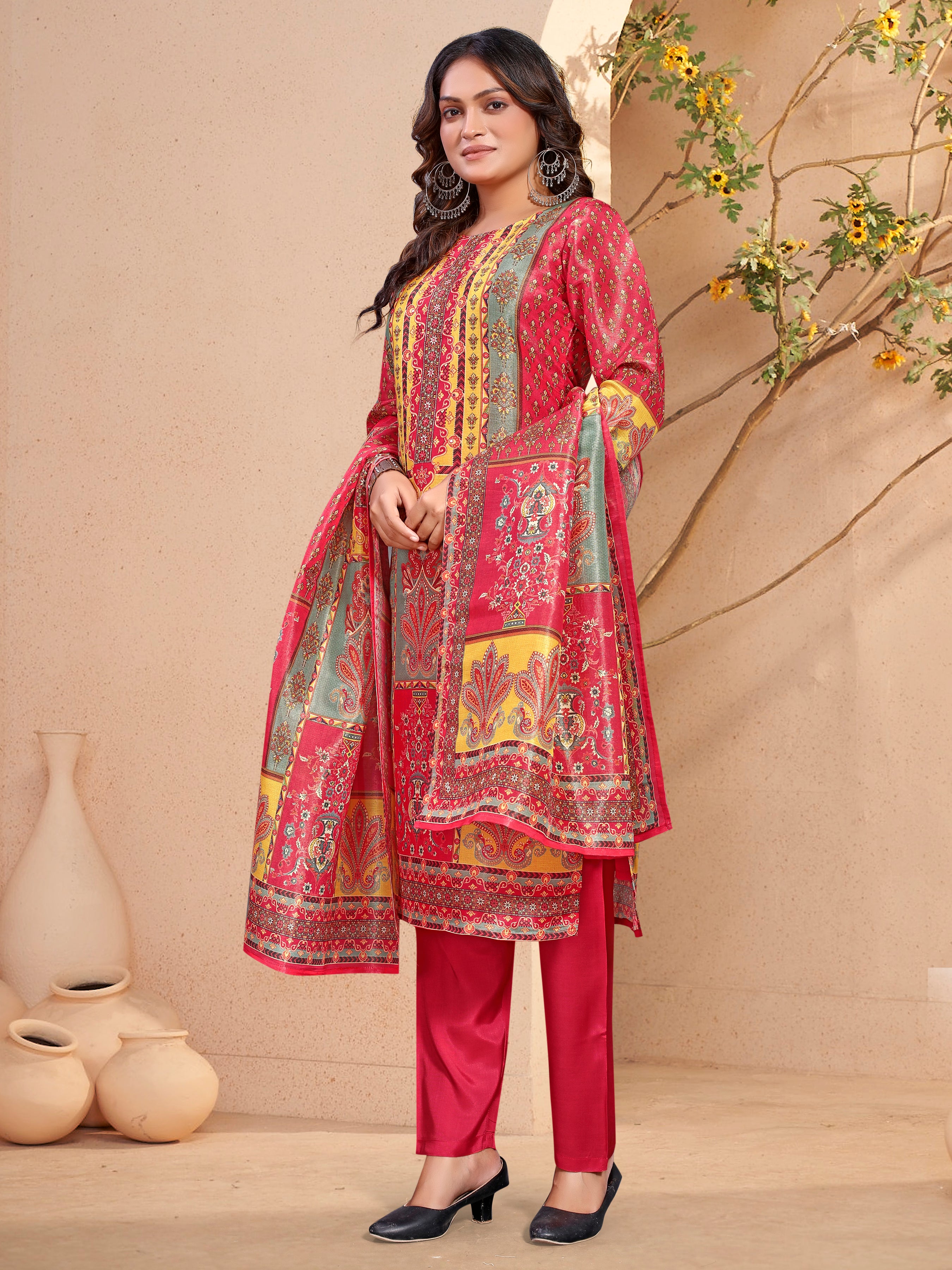 Red Pv Shimmer Three Pcs Suit With Shimmer Dupatta