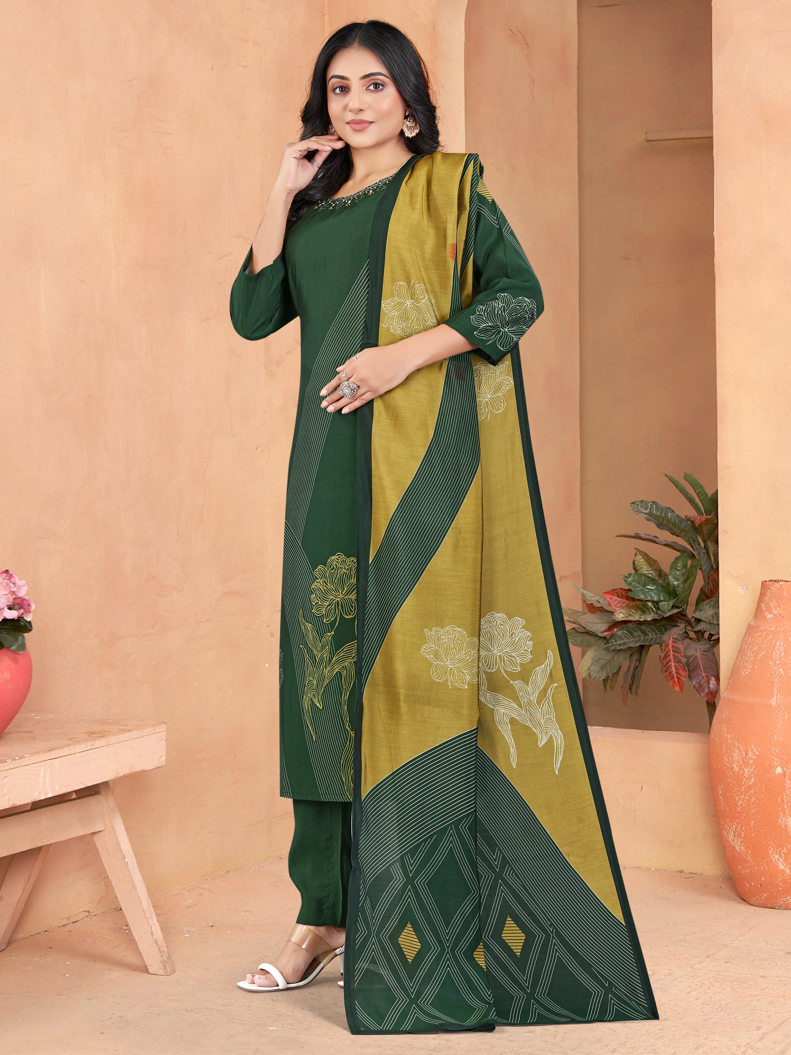 Green Roman Silk 3  Pcs Suit