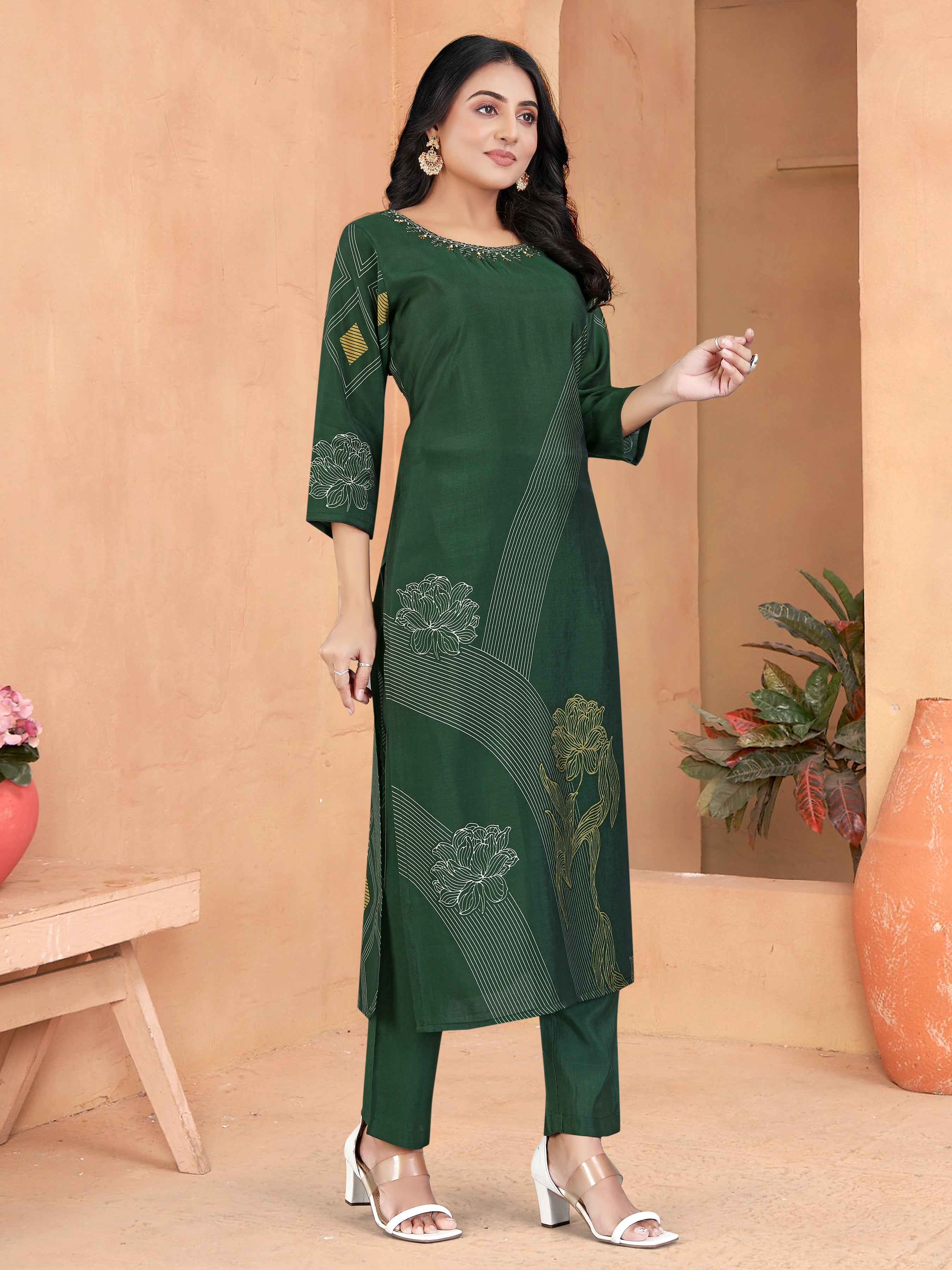 Green Roman Silk 3  Pcs Suit