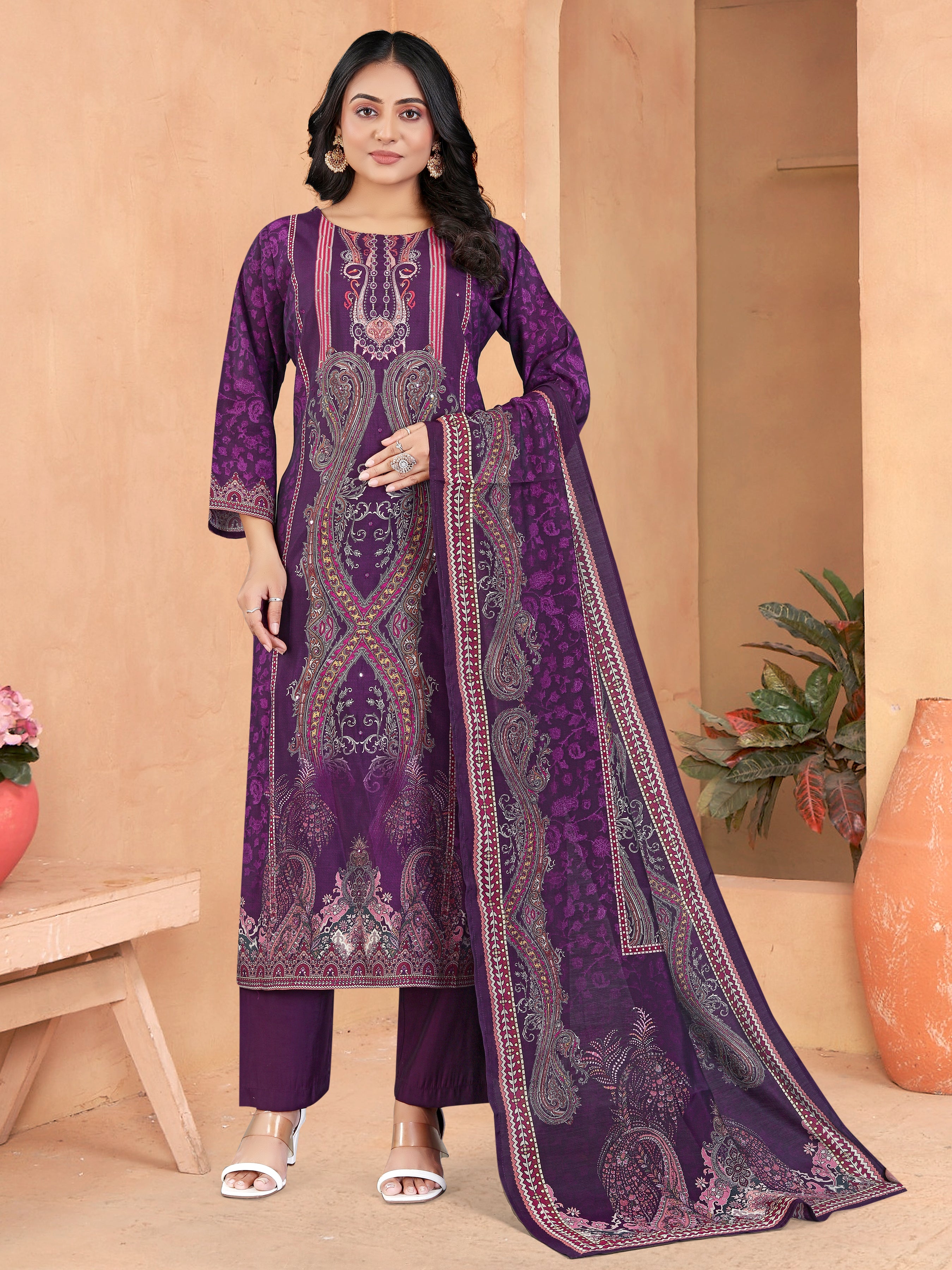Purple Roman Silk 3  Pcs Suit