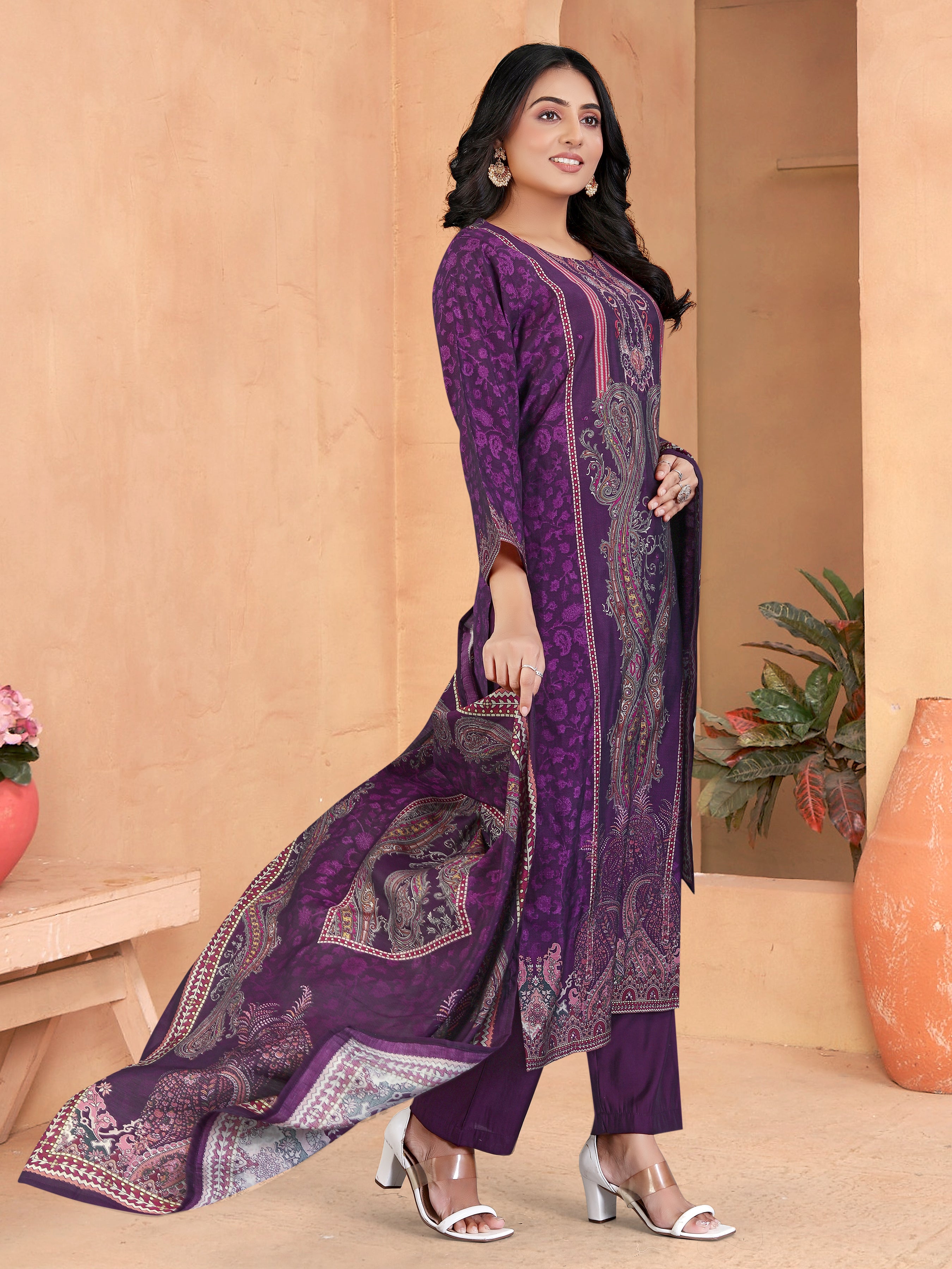 Purple Roman Silk 3  Pcs Suit