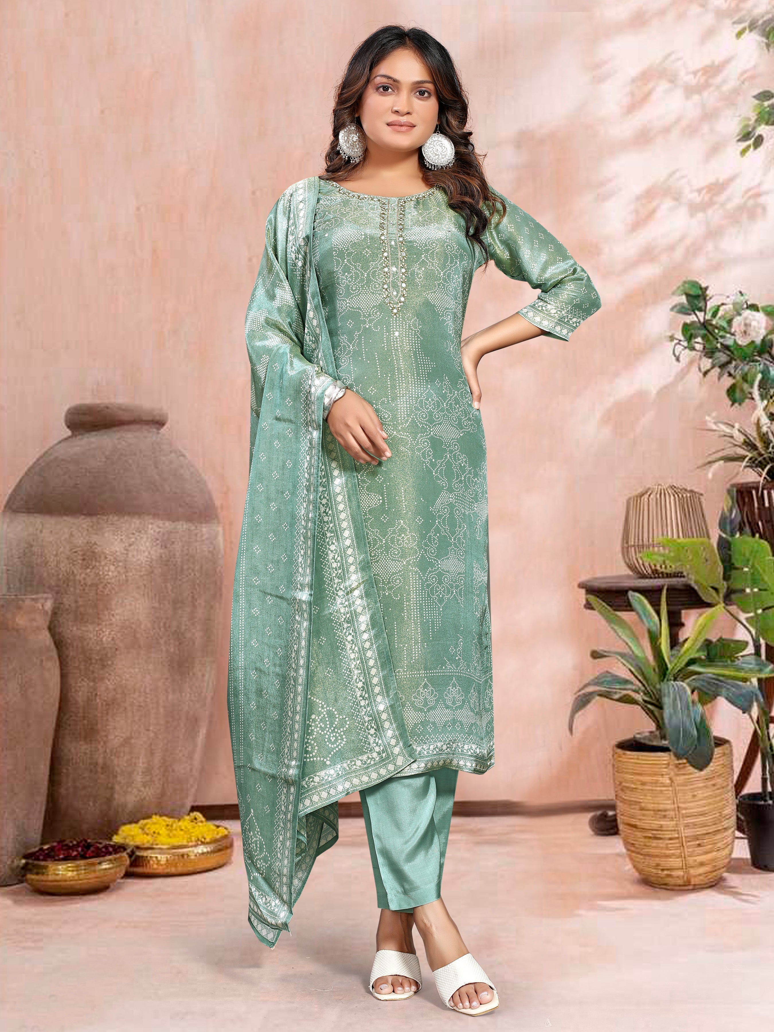 Marble Green Pure Shimmer Three Pcs Suit With Shimmer Dupatta