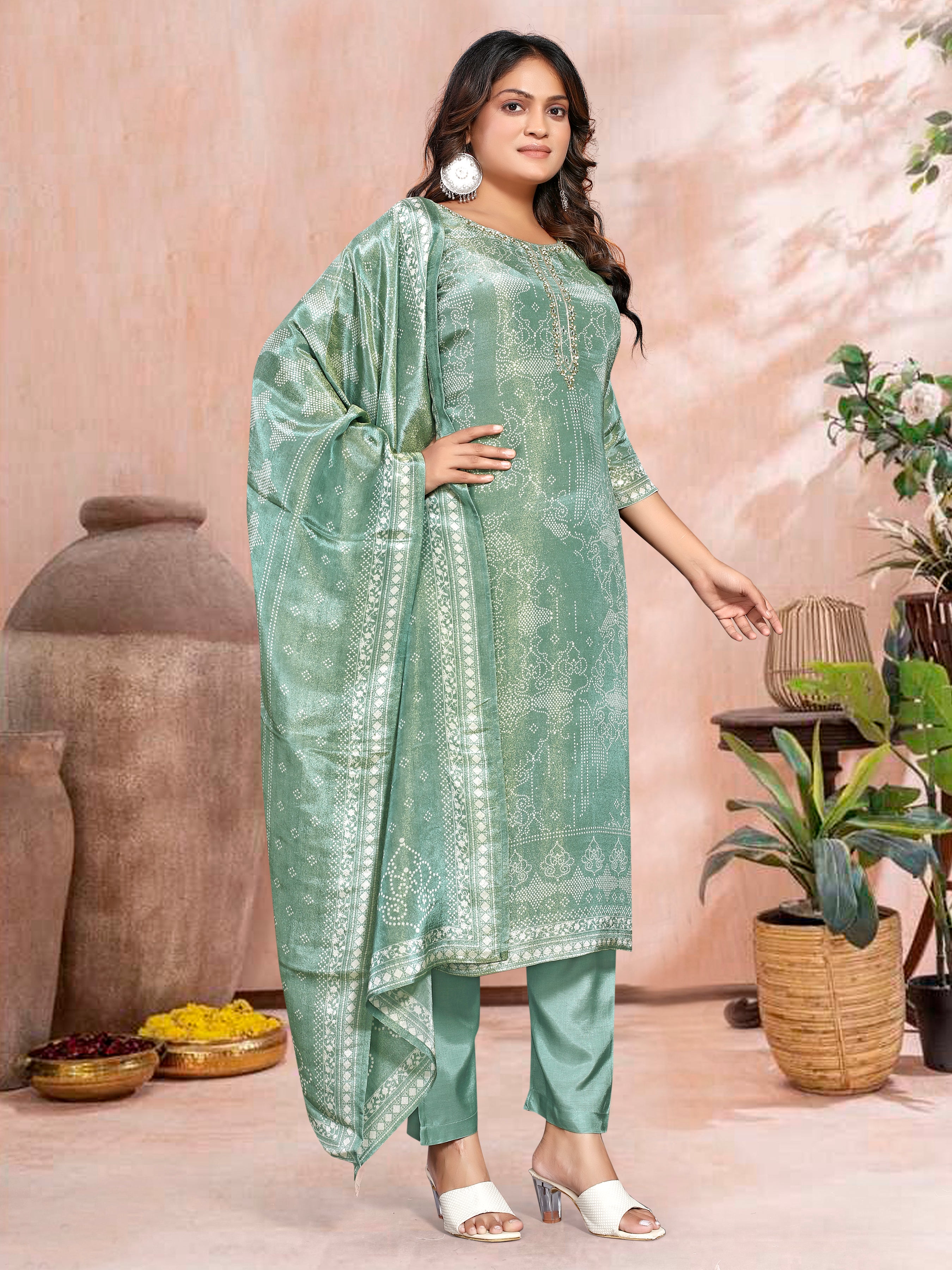 Marble Green Pure Shimmer Three Pcs Suit With Shimmer Dupatta