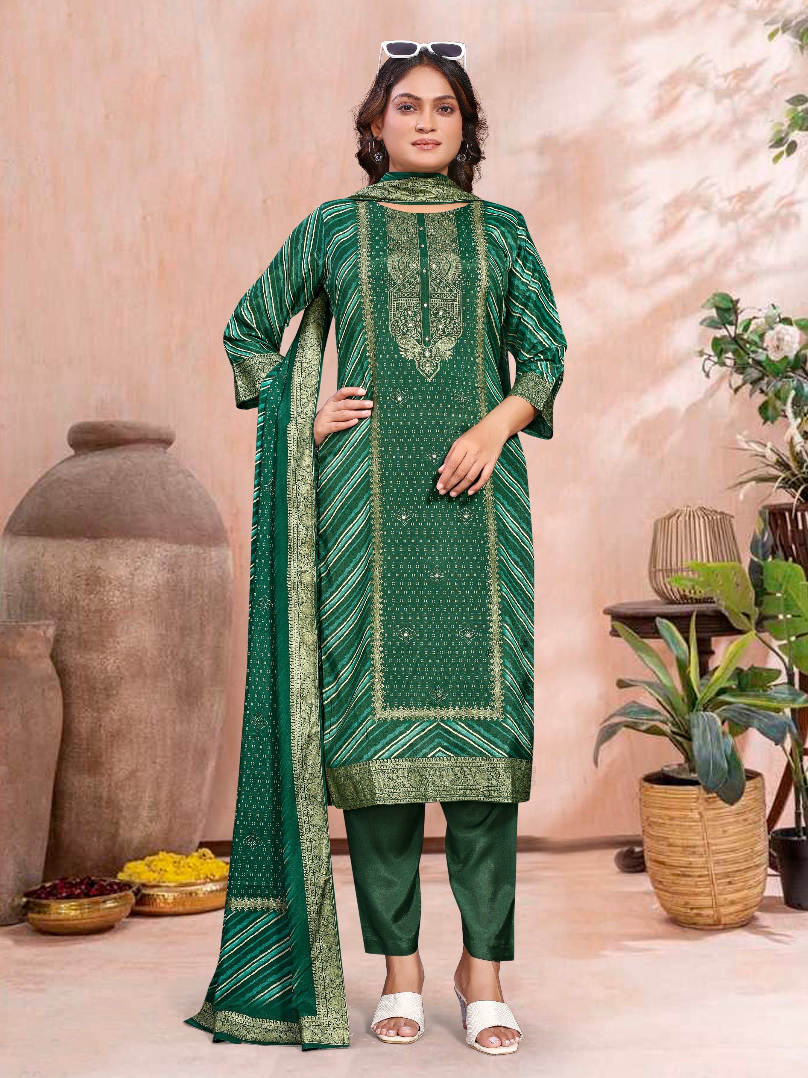 Green Pure Masleen With Jackard Foil Three Pcs Suit With Masleen Dupatta