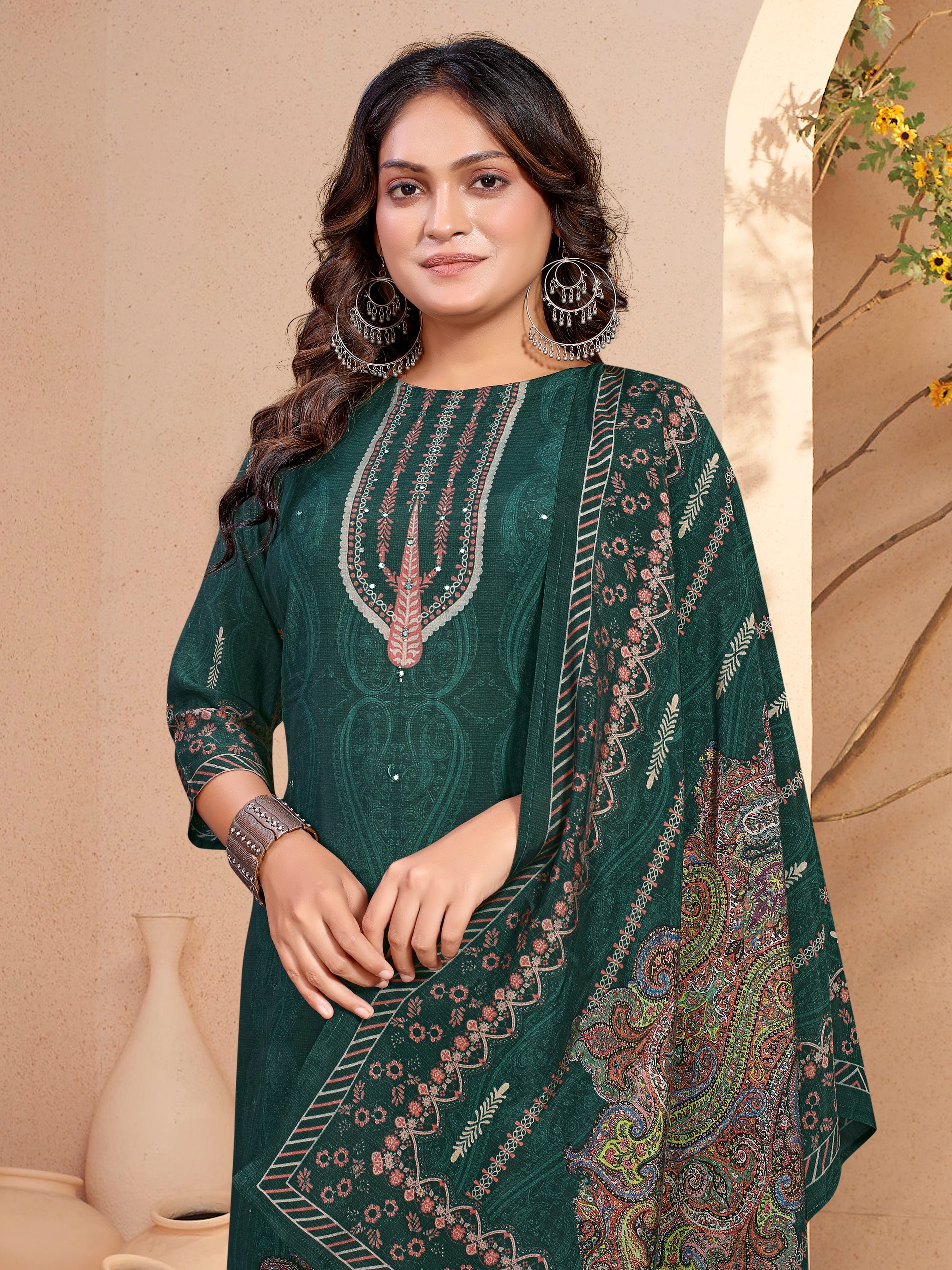 Dark Greenroman Silk Three Pcs Suit With Roman Dupatta
