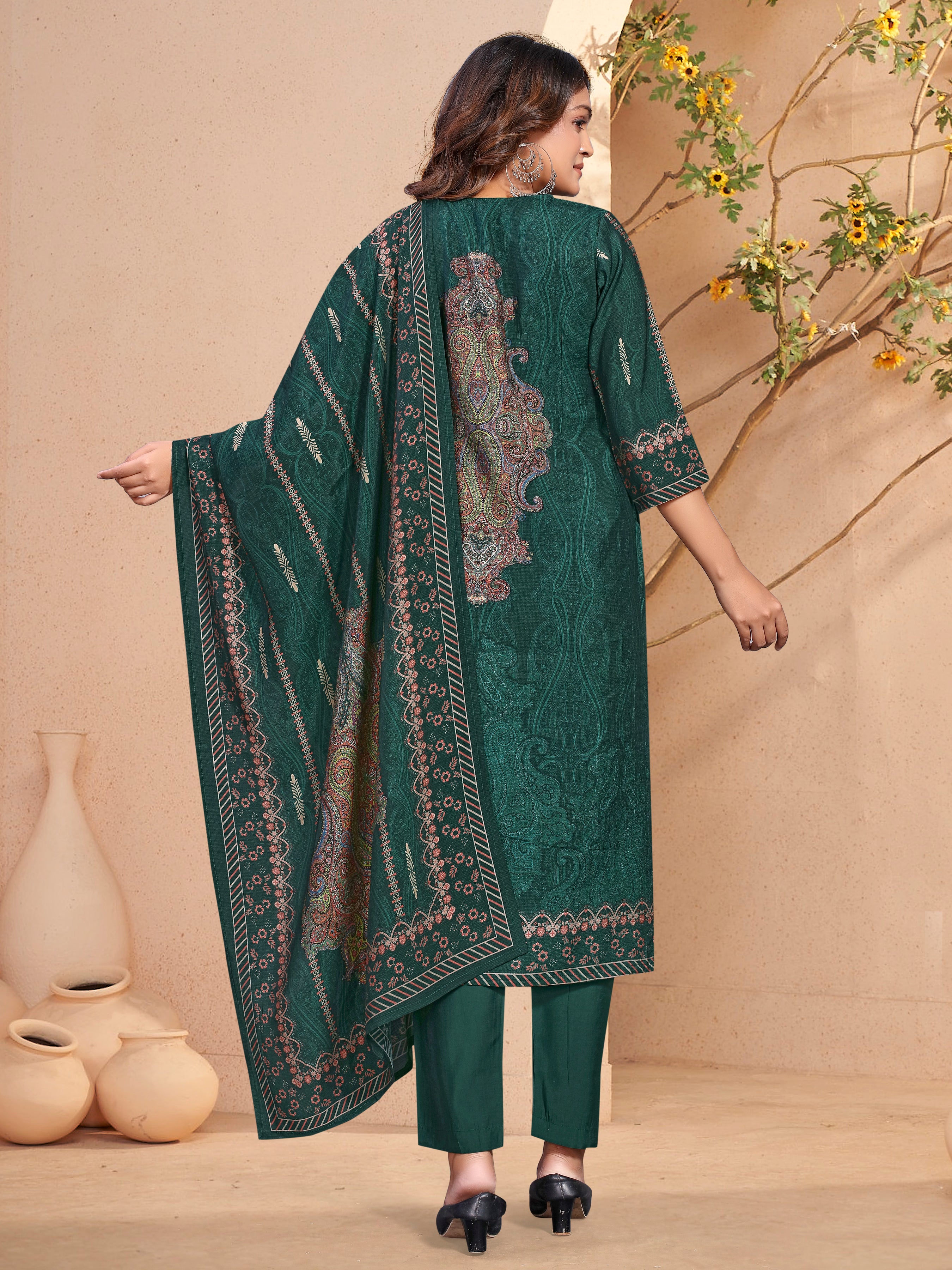 Dark Greenroman Silk Three Pcs Suit With Roman Dupatta