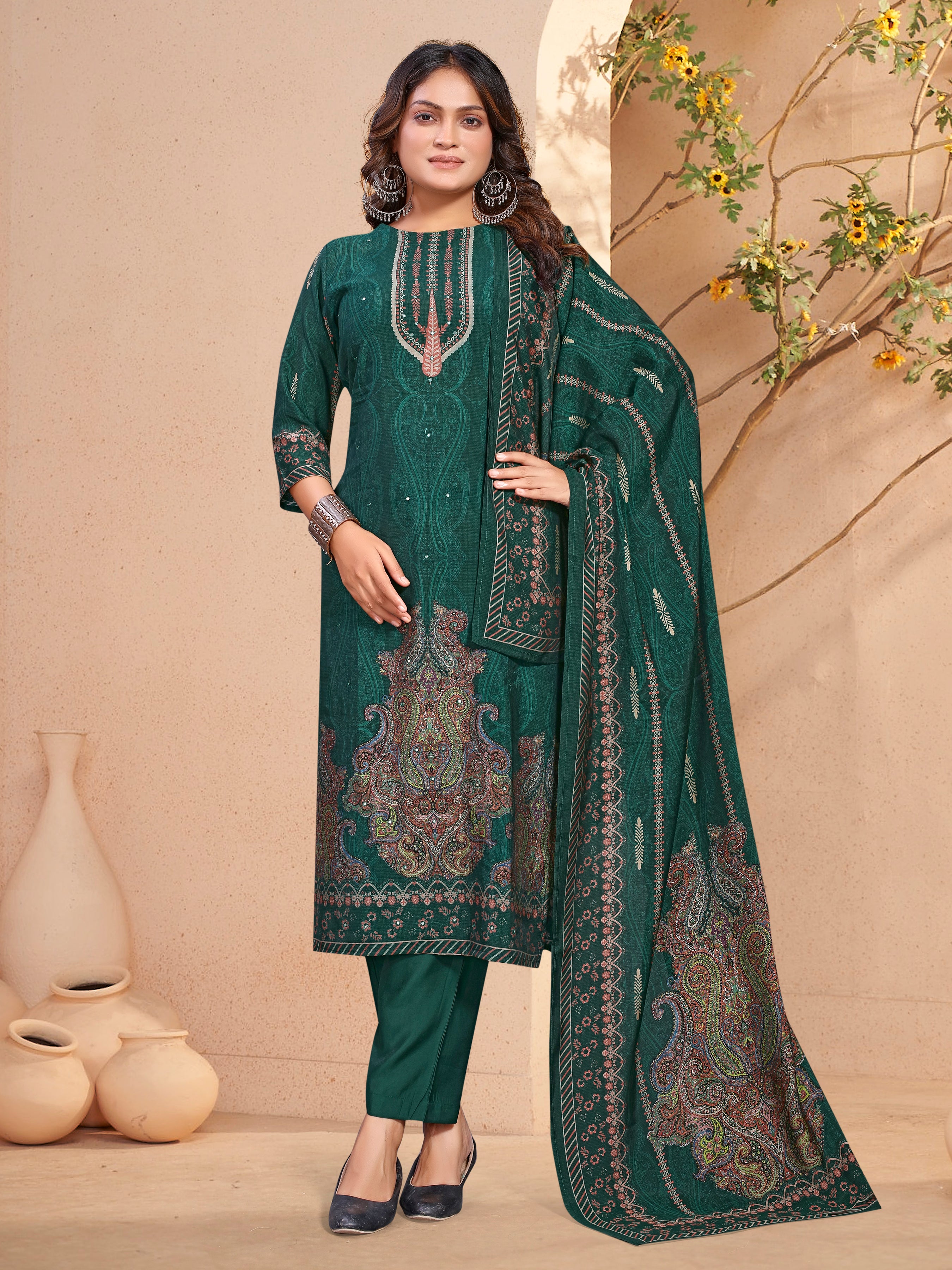 Dark Greenroman Silk Three Pcs Suit With Roman Dupatta