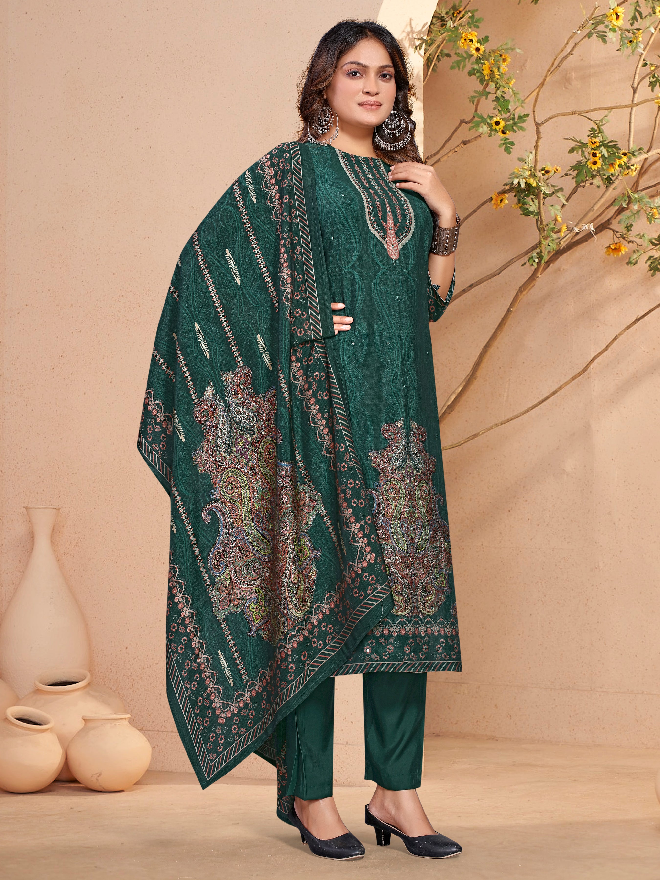Dark Greenroman Silk Three Pcs Suit With Roman Dupatta