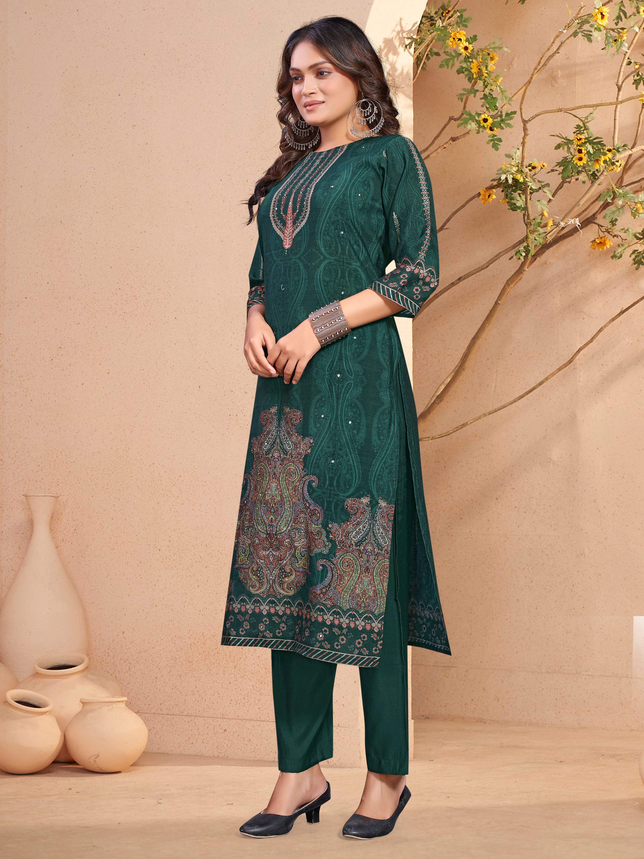 Dark Greenroman Silk Three Pcs Suit With Roman Dupatta