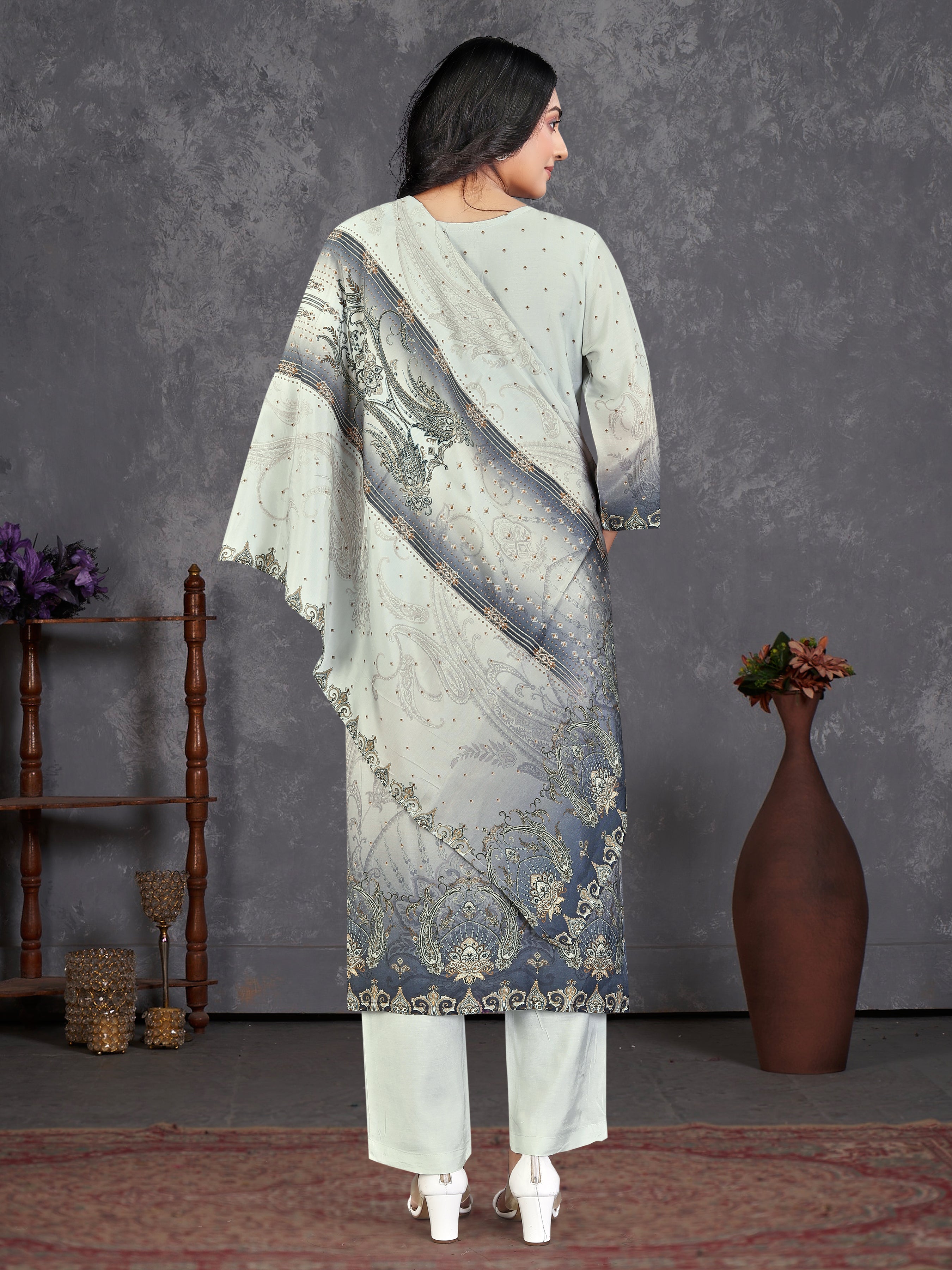 Grey Pure Masleen 3 Pcs Suit With Masleen Dupatta