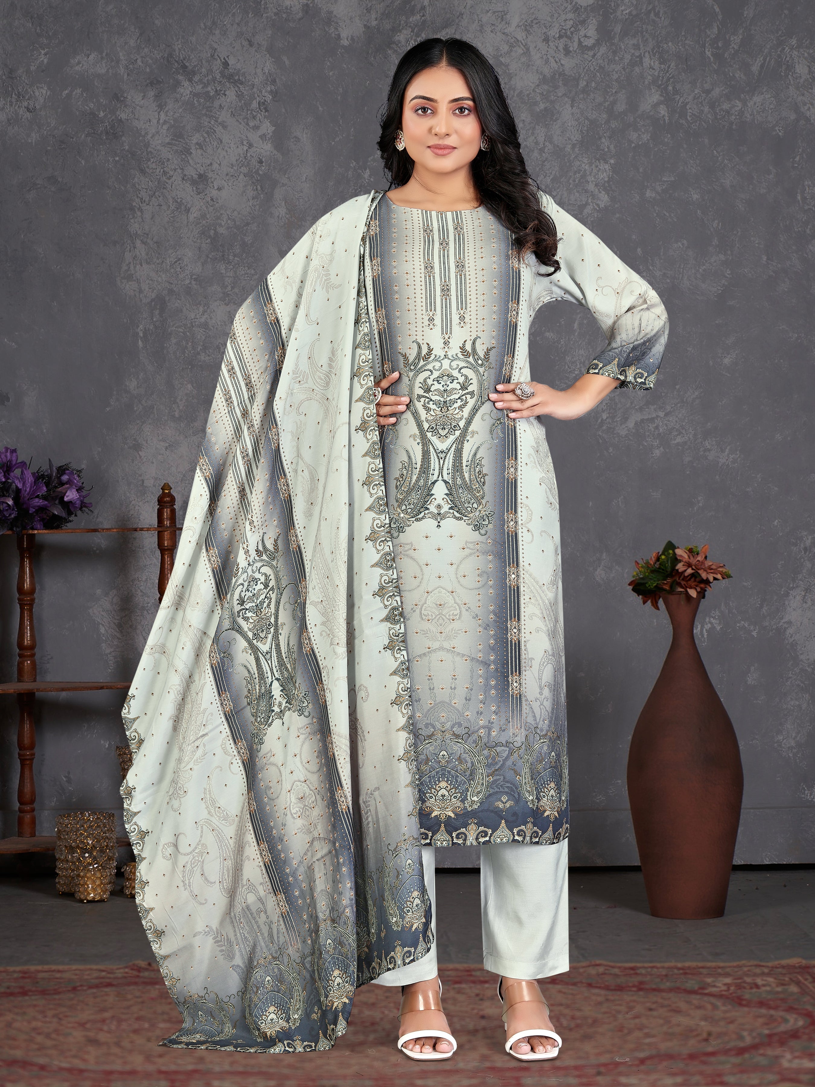 Grey Pure Masleen 3 Pcs Suit With Masleen Dupatta