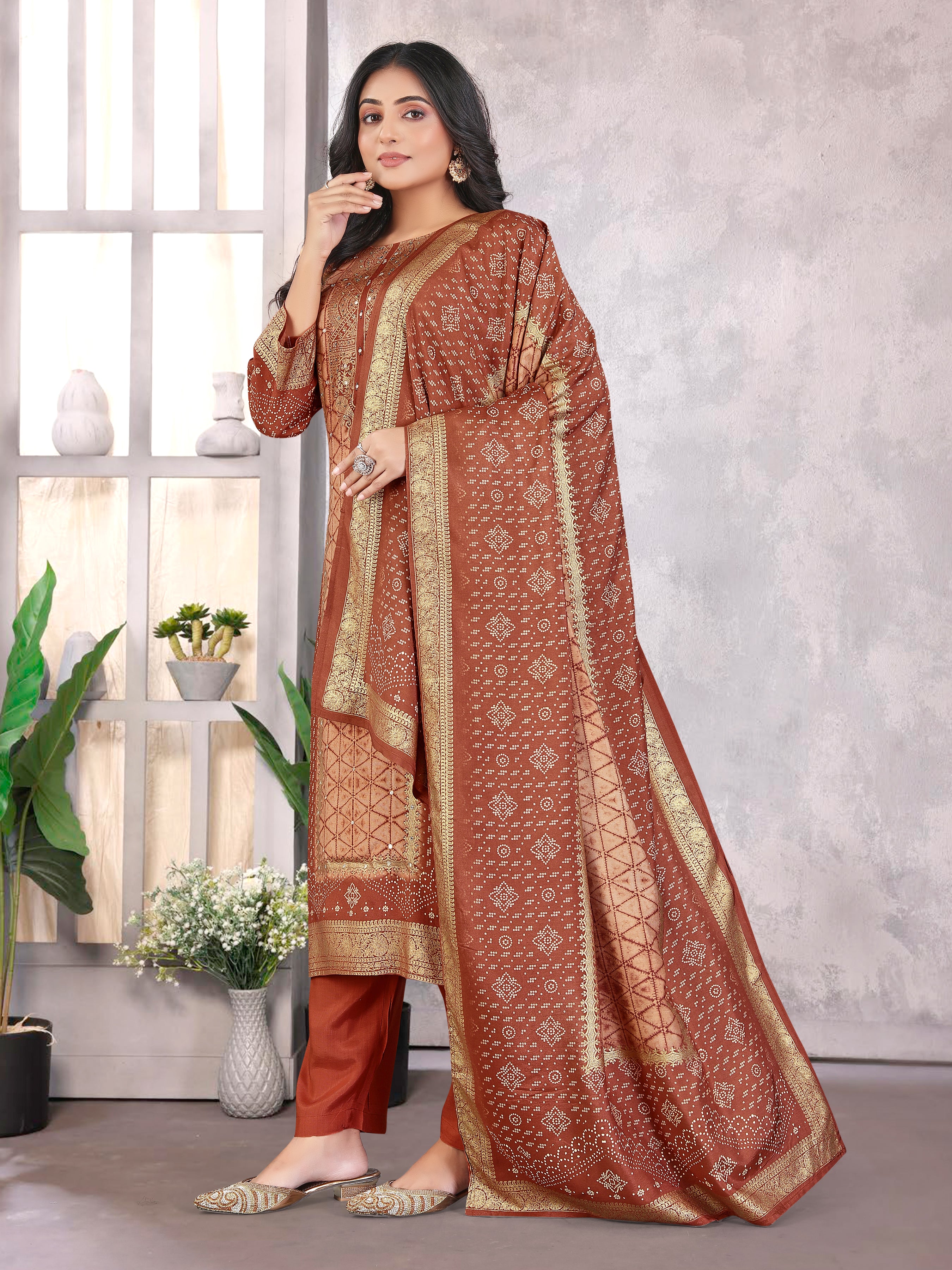 Rust Pure Masleen With Jackard Foil 3  Pcs Suit